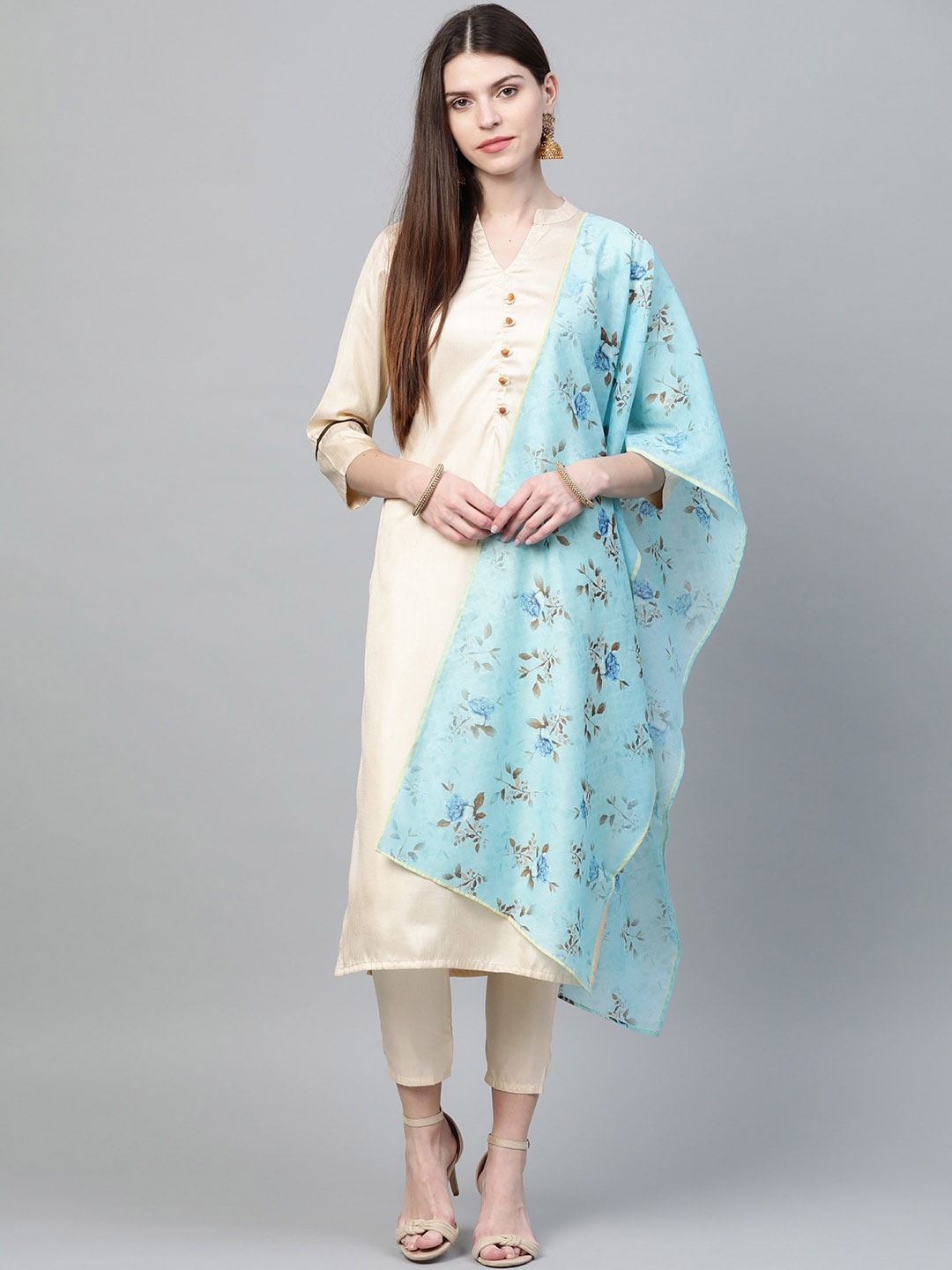 

ZIYAA Women Cream & Blue Floral Printed Straight Kurta With Trousers & Dupatta