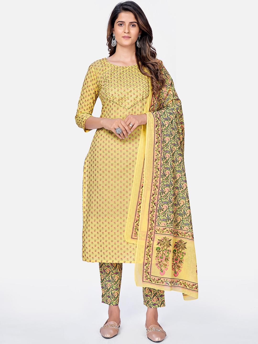 Vbuyz Women Yellow Ethnic Motifs Foil Print & Gota Patti Kurta With Trousers & Dupatta