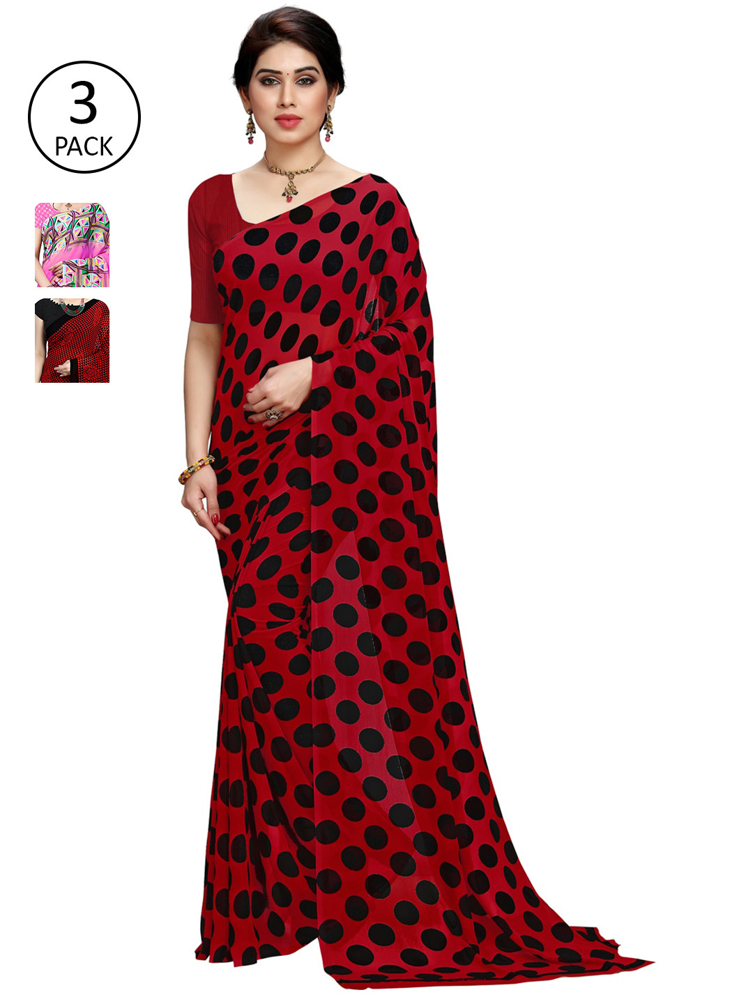 

KALINI Pack of 3 Poly Georgette Sarees, Red