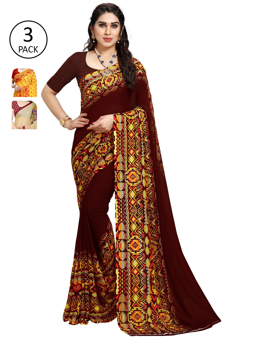 

KALINI Pack of 3 Poly Georgette Saree, Red
