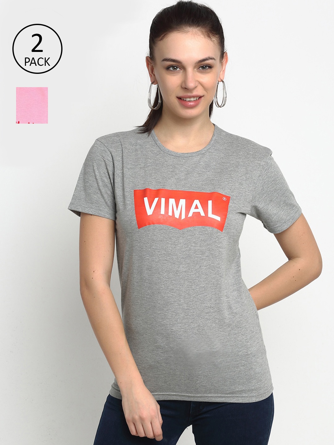 

VIMAL JONNEY Women Typography Printed T-shirt - Pack of 2, Grey