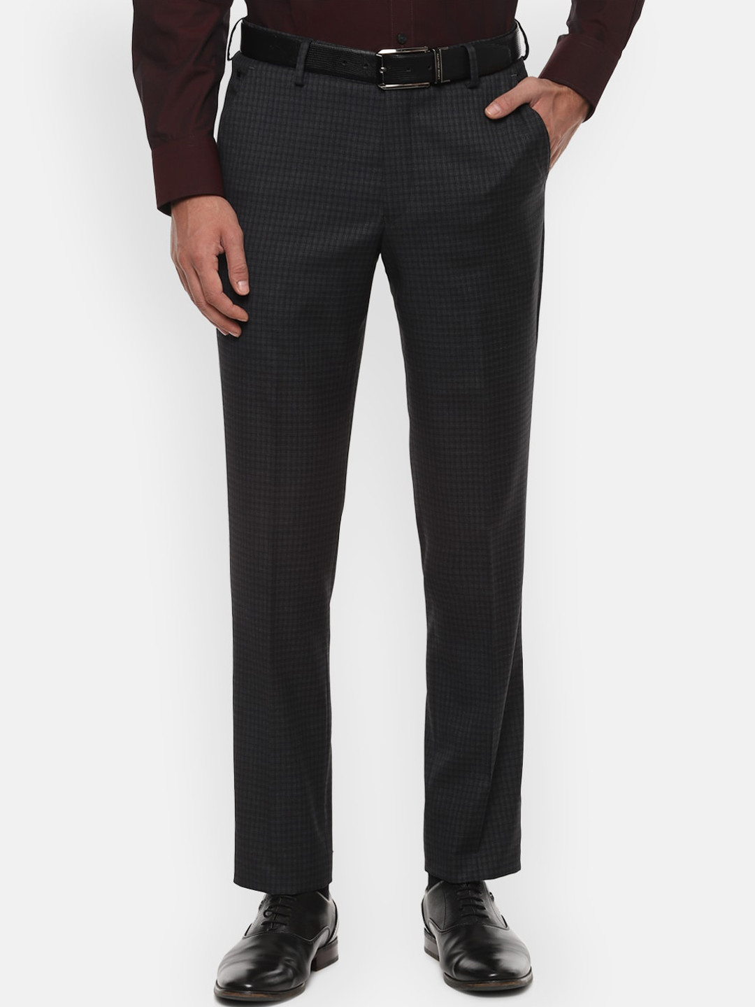 

Louis Philippe Men Grey Checked Slim Fit Formal Trousers