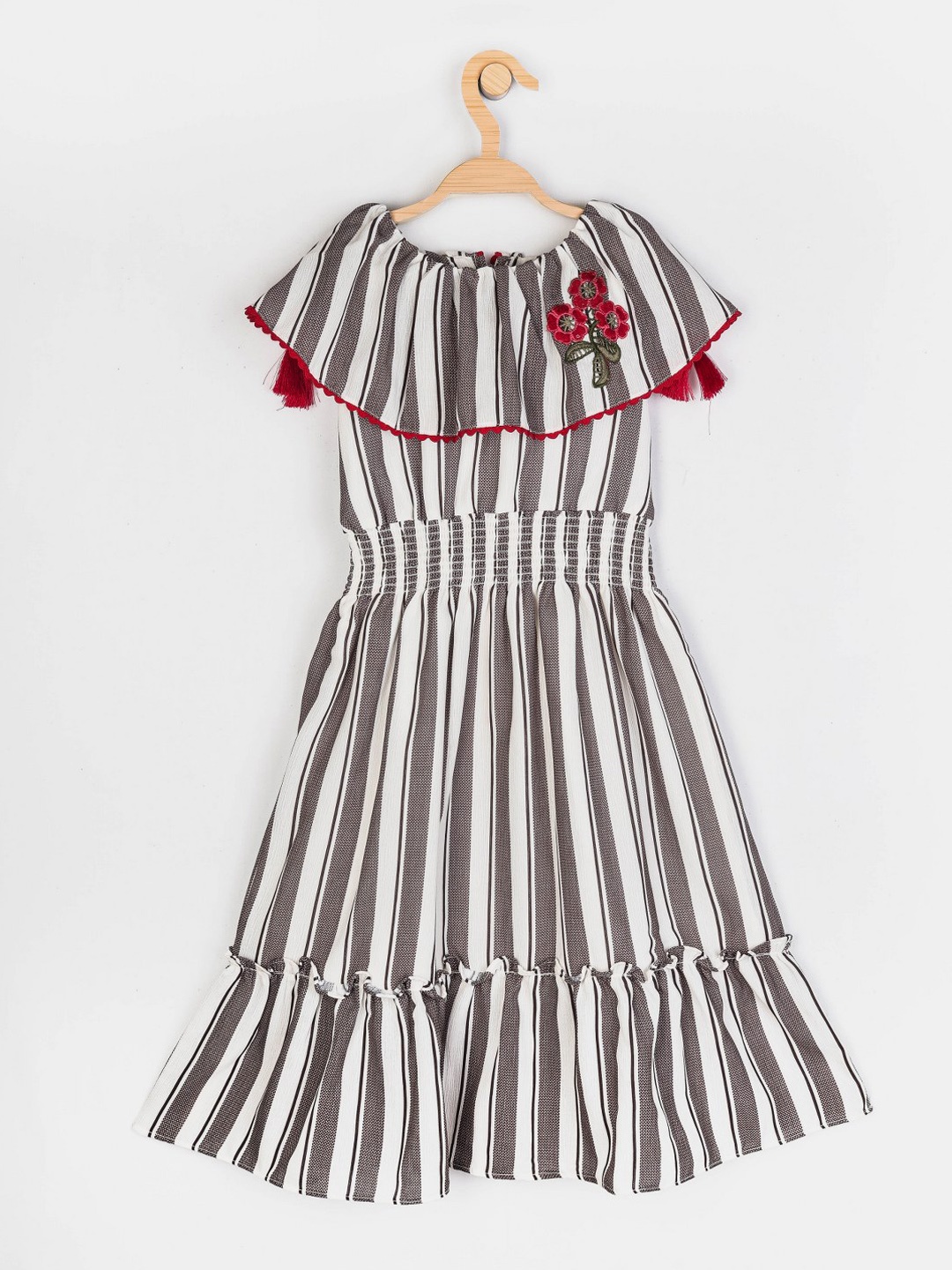 

Peppermint Girls Grey & White Striped Off-Shoulder Layered Midi A-Line Dress