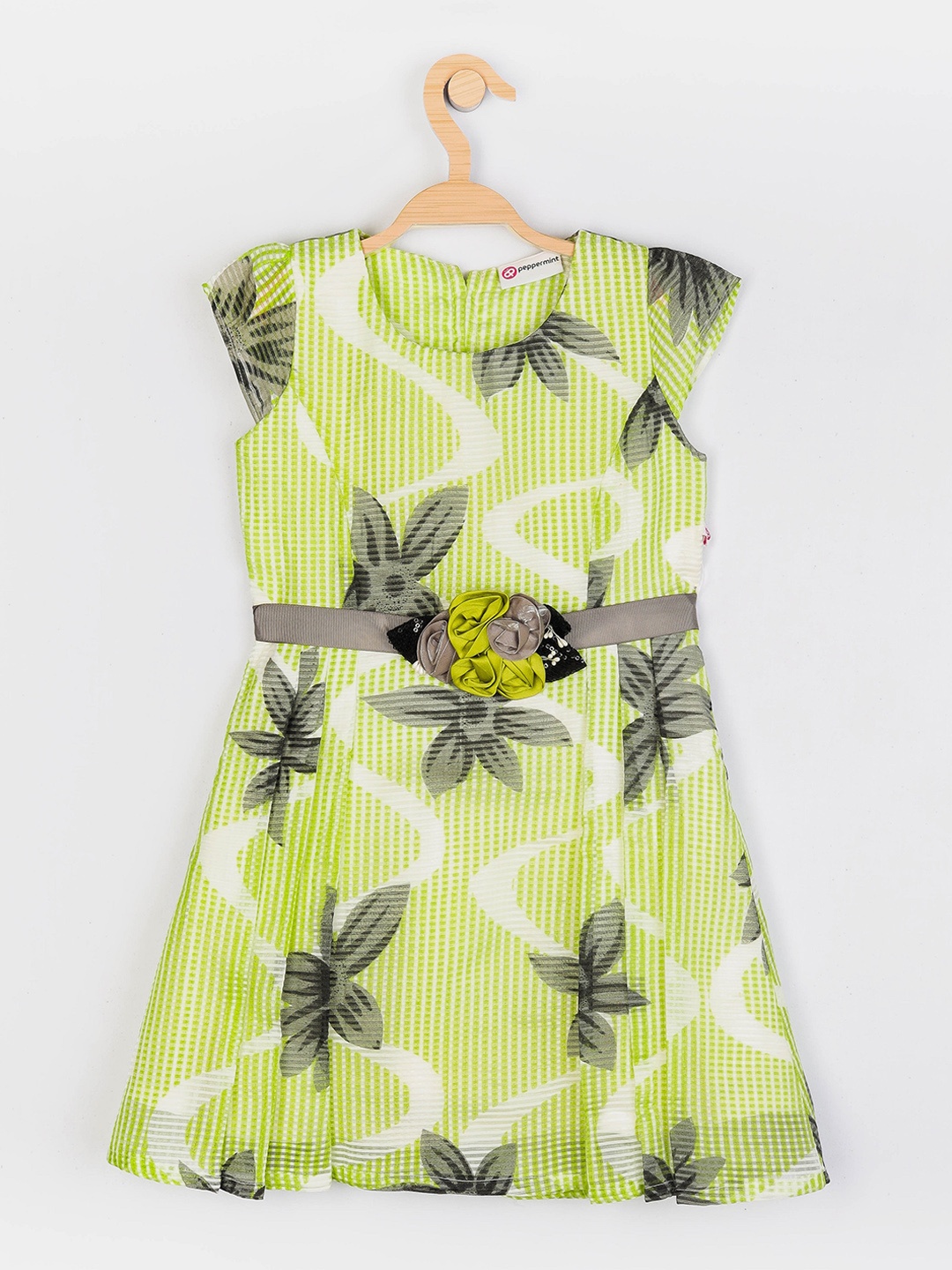 

Peppermint Green & Black Floral Printed Pure Cotton A-Line Dress