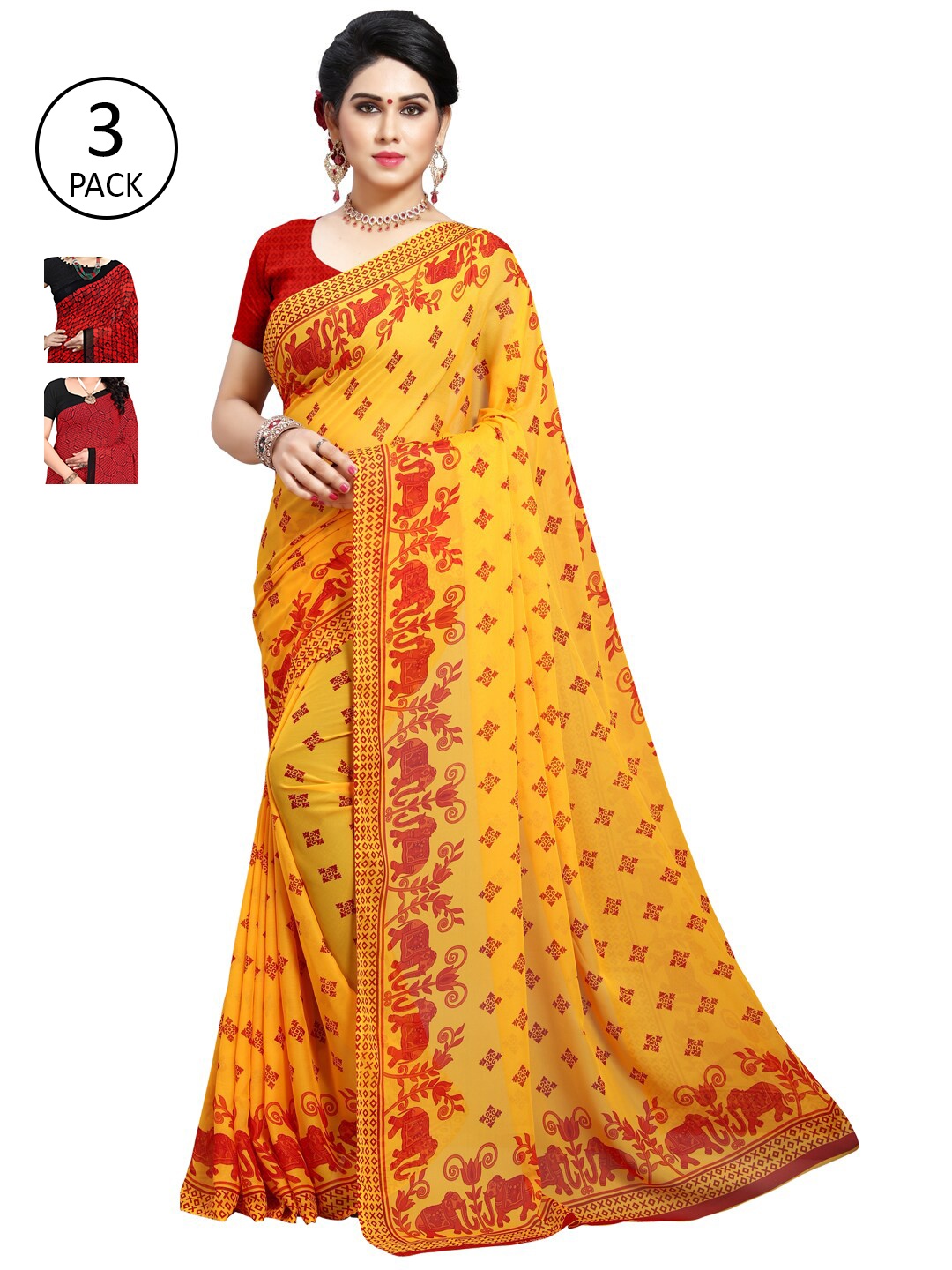 

KALINI Pack of 3 Poly Georgette Saree, Yellow
