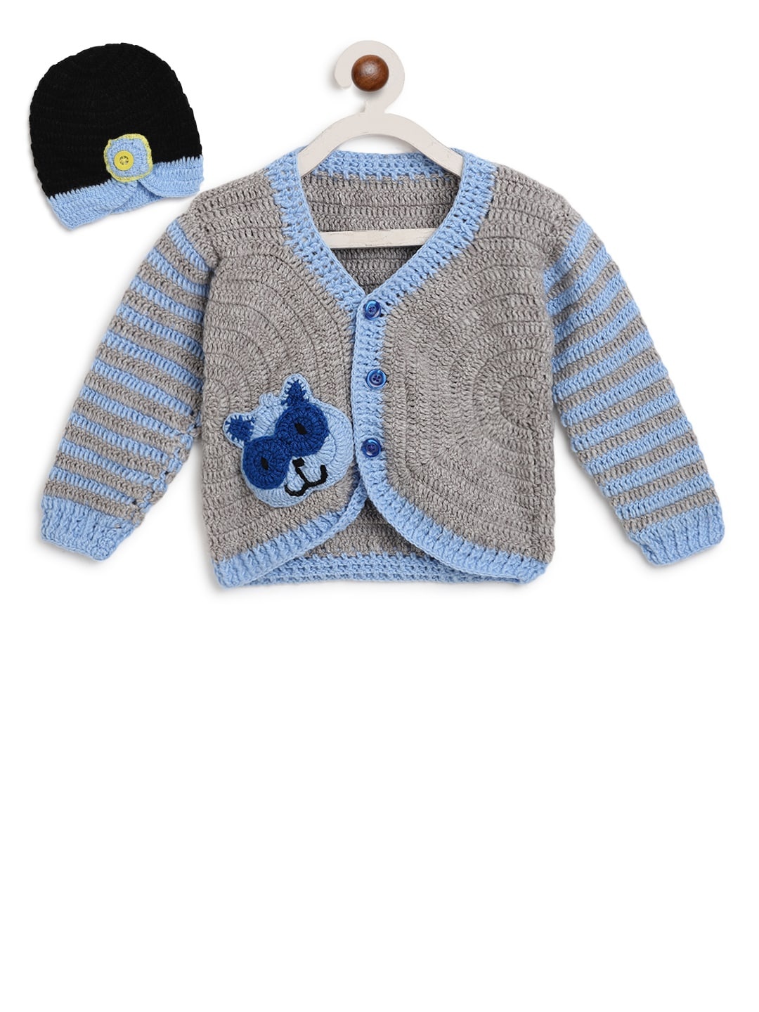 

CHUTPUT Unisex Kids Grey & Blue Embroidered Cardigan With Cap