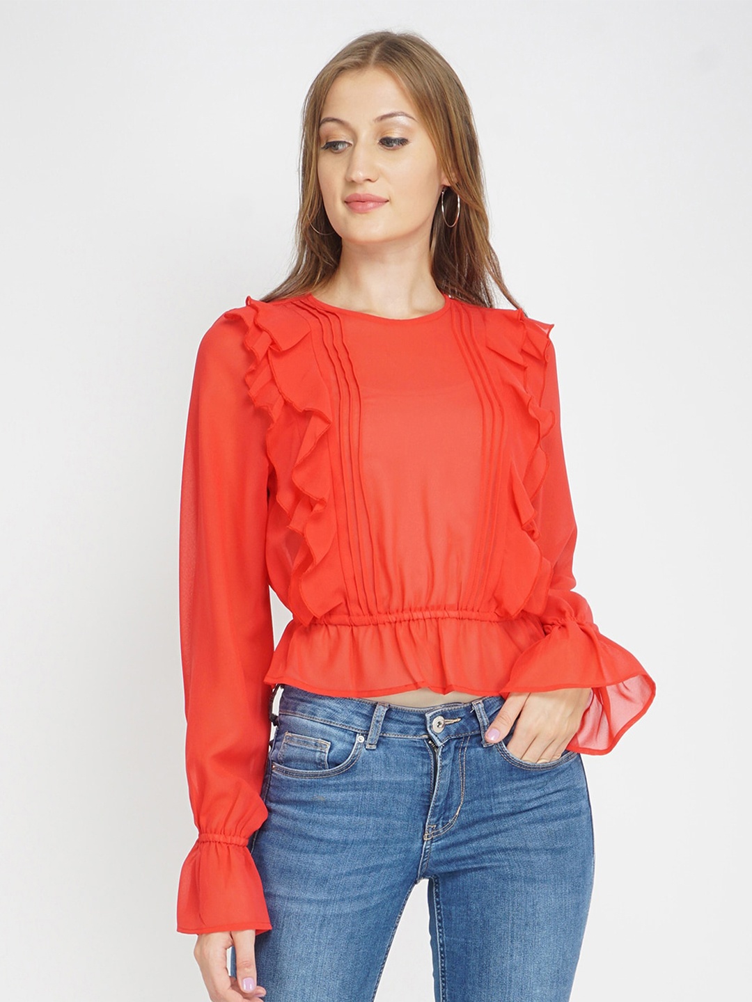 

Oxolloxo Women Red Solid Cinched Waist Crop Top