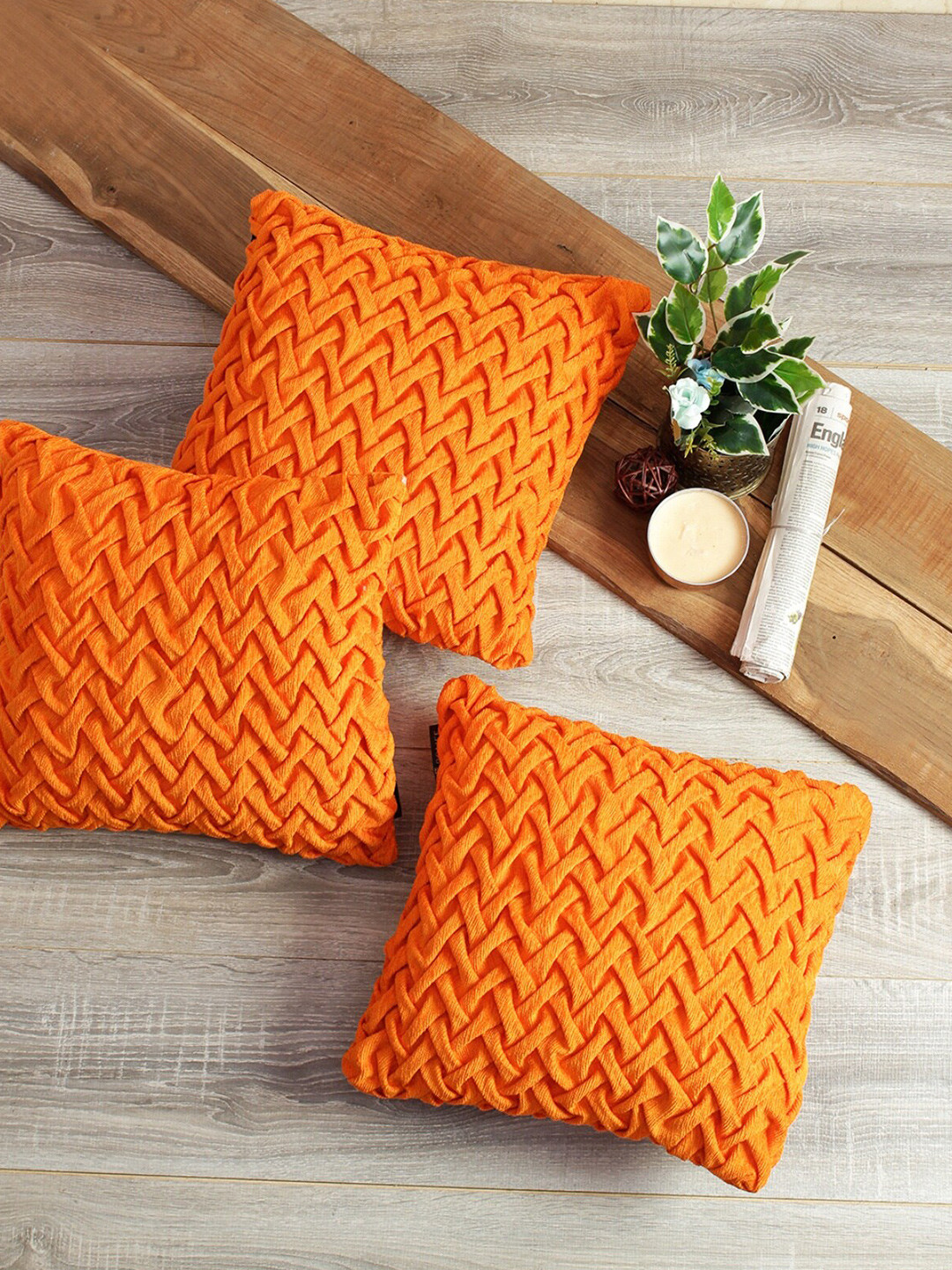 

ROMEE Set Of 3 Orange Embellished Square Cushion Covers