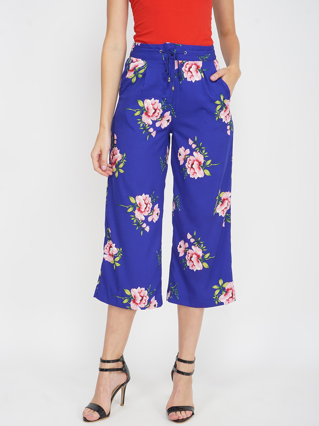 

Oxolloxo Women Blue Floral Printed High-Rise Culottes Trousers
