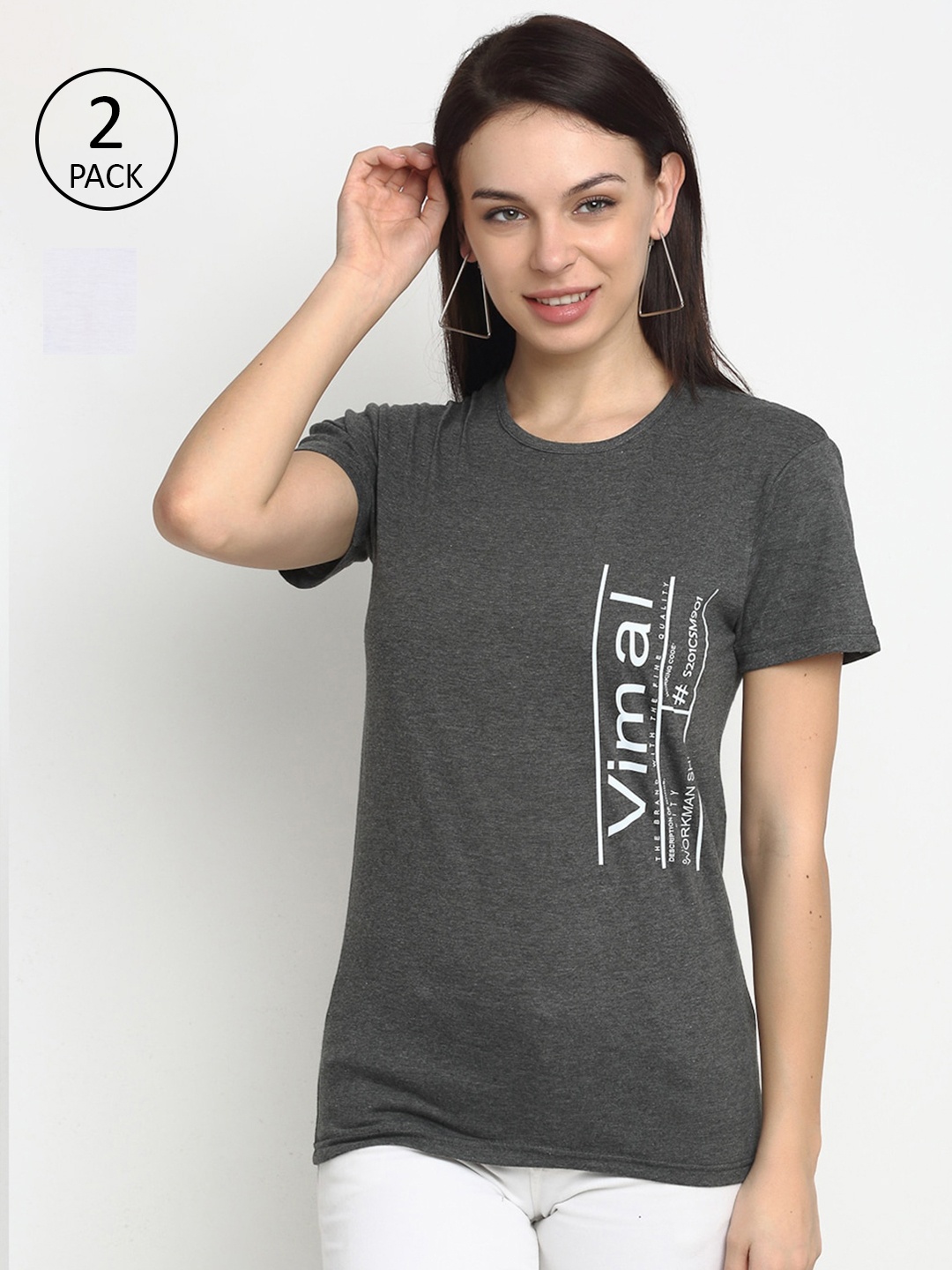 

VIMAL JONNEY Women Pack Of 2 Grey & White Printed Cotton Blend T-shirts