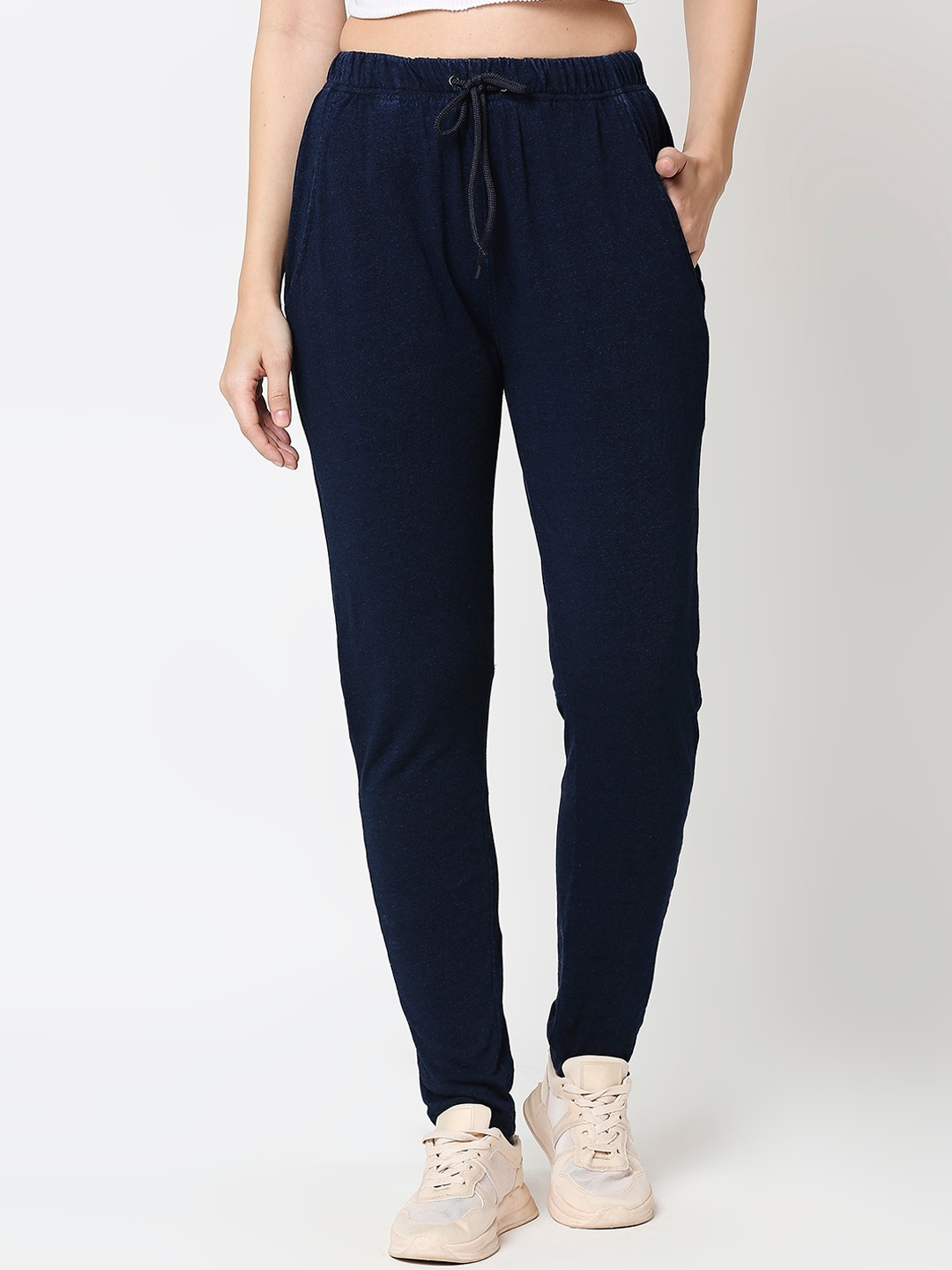 

Bewakoof Women Navy Blue Solid Cotton Track Pants