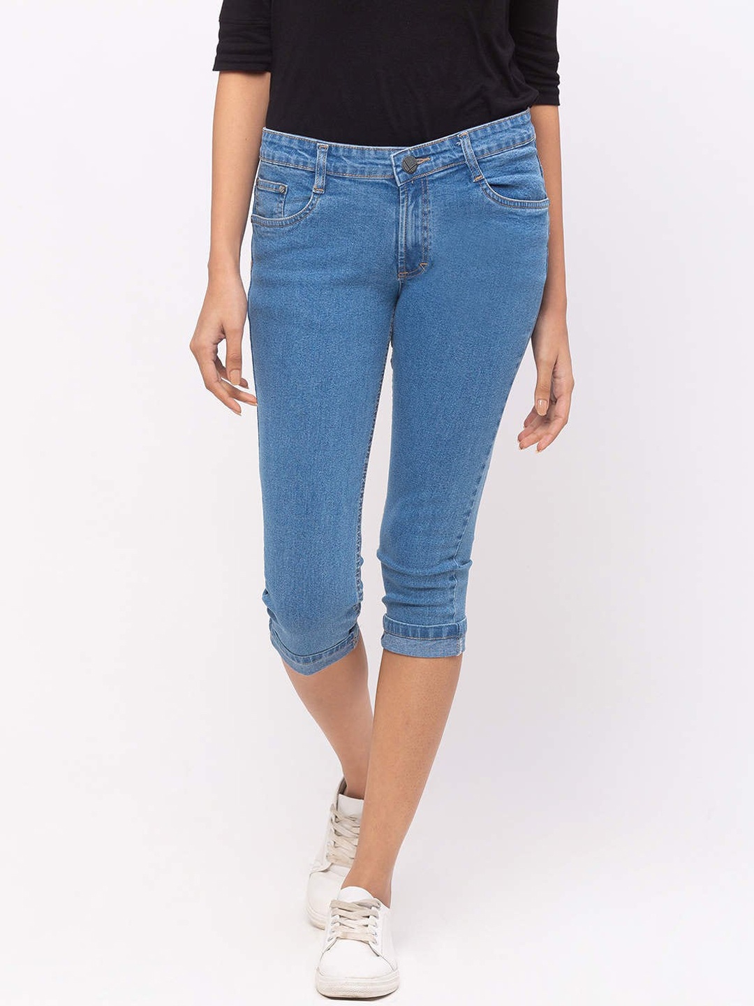 

ZOLA Women Blue Pencil Slim Fit Cotton Lightweight Denim Capris