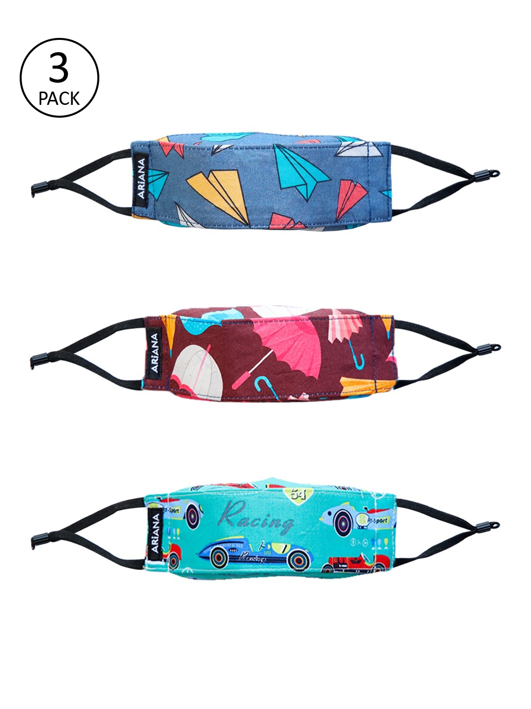 

Ariana Kids Pack of 3 7-Ply 3D Cotton Reusable Cloth Face Masks, Blue