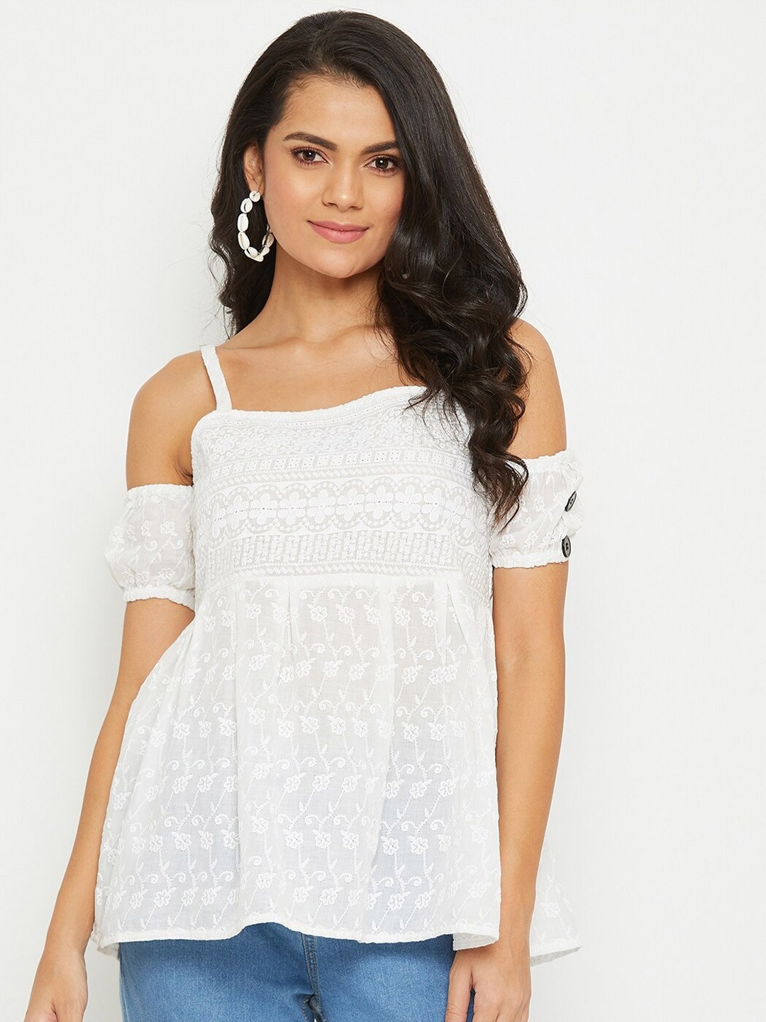 

PANIT Woven White Self Design Off Shoulder A-Line Top