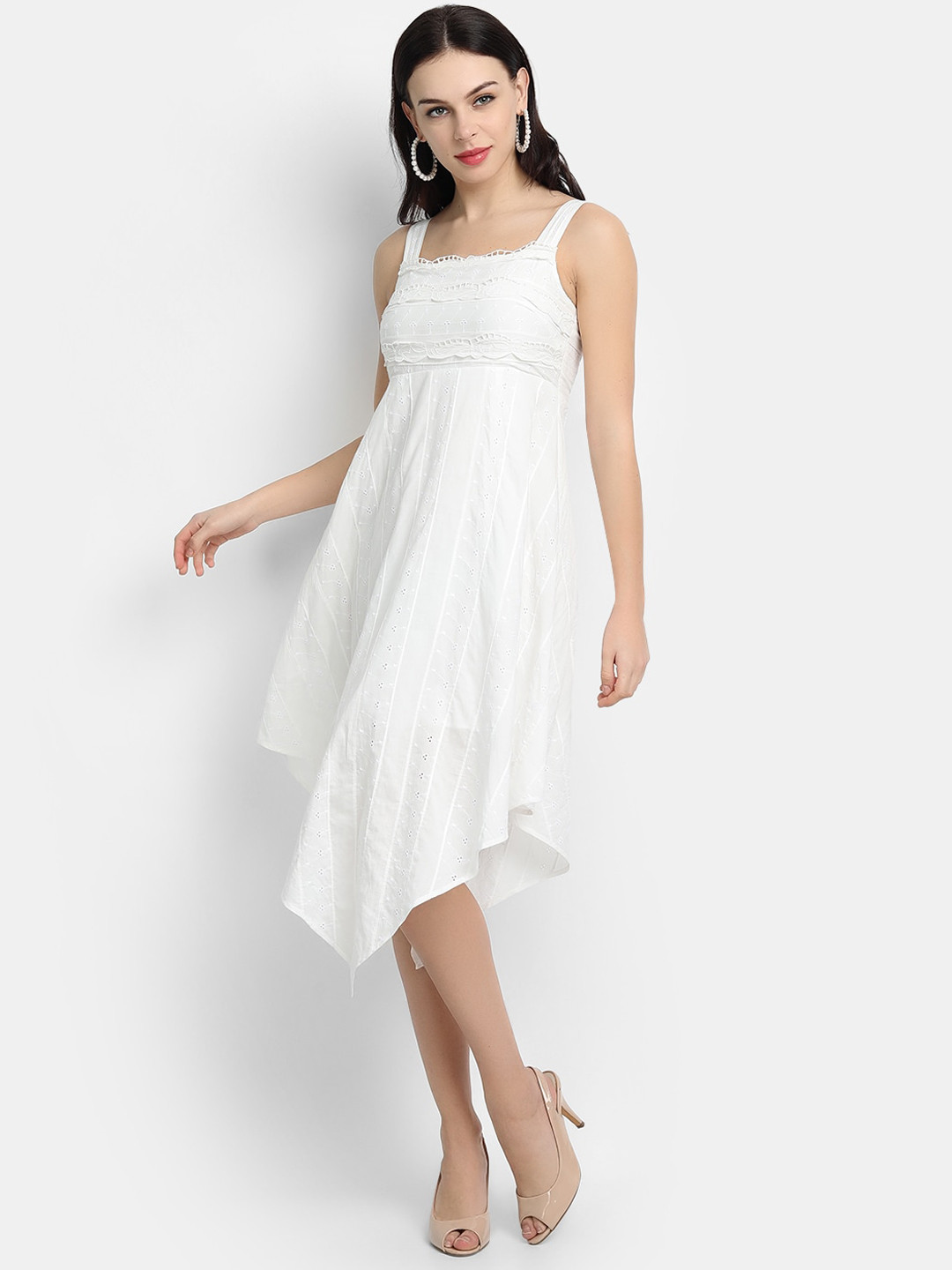 

LY2 Women White Shiffli Embroidered Asymmetric Dress