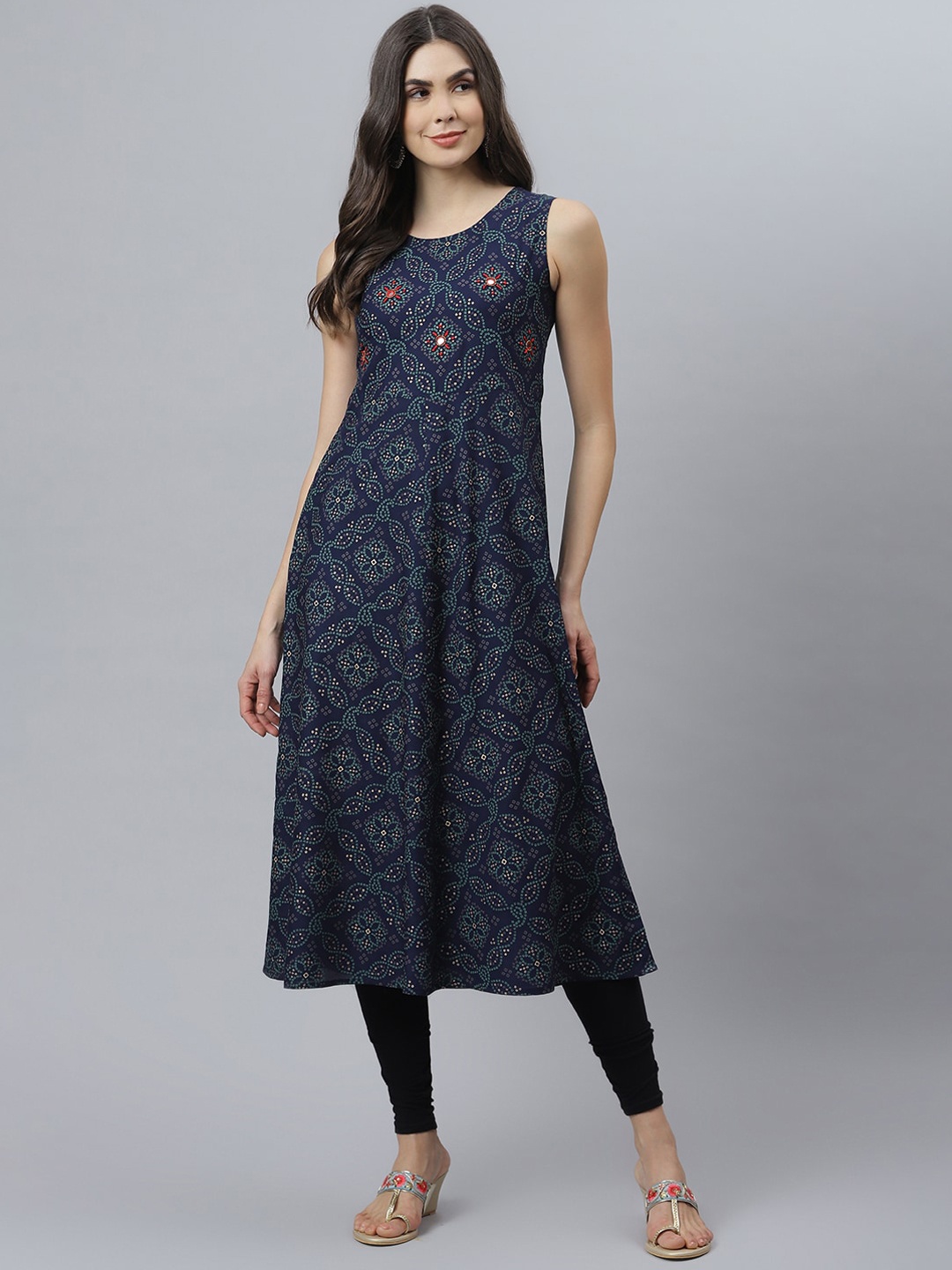 

Stylum Women Navy Blue Geometric Printed Flared Kurta