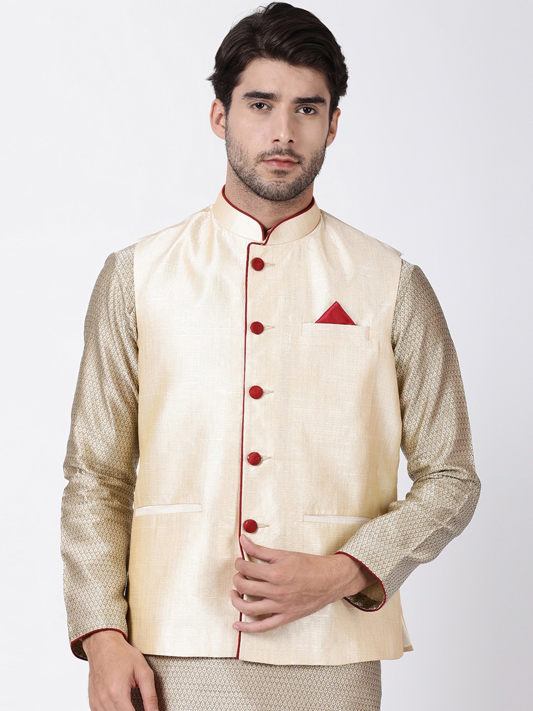 

VASTRAMAY Men Cream & Maroon Solid Woven Design Nehru Jacket