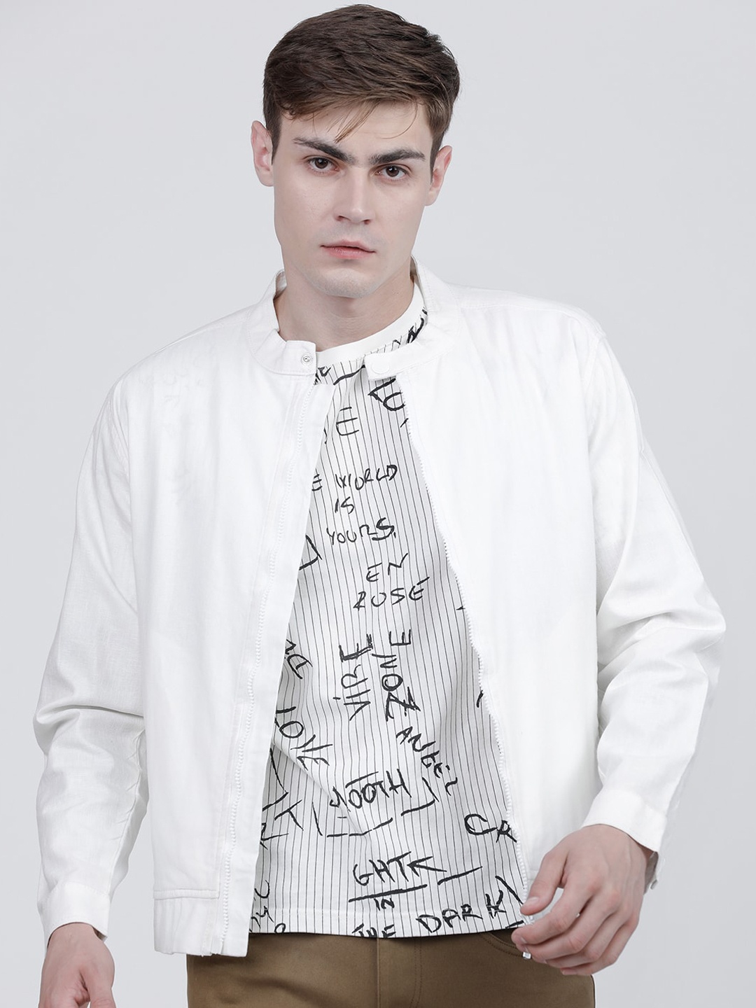 

HIGHLANDER Men White Cotton Linen Bomber Jacket