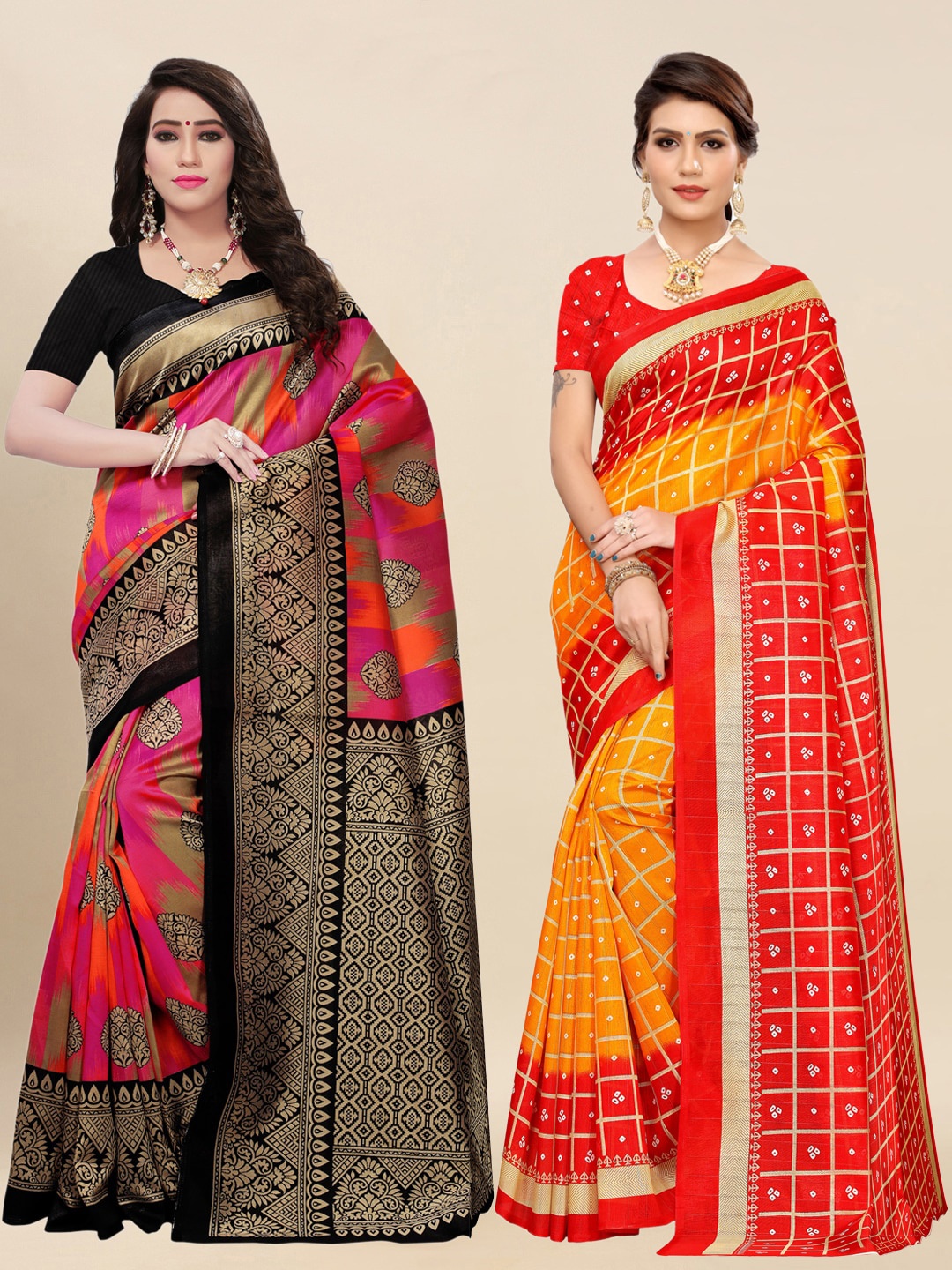 

KALINI Pink & Orange Set of 2 Art Silk Saree