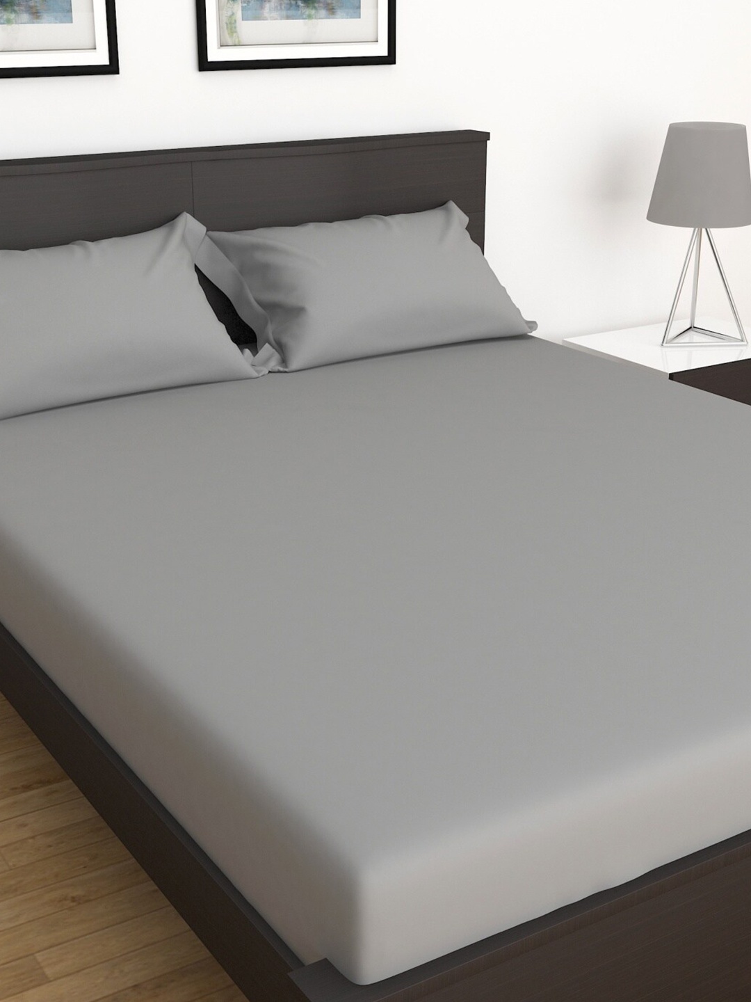 

Home Centre Grey Marshmallow Solid 3 Pcs. Queen Cotton Fitted Bedsheet Set 154 TC