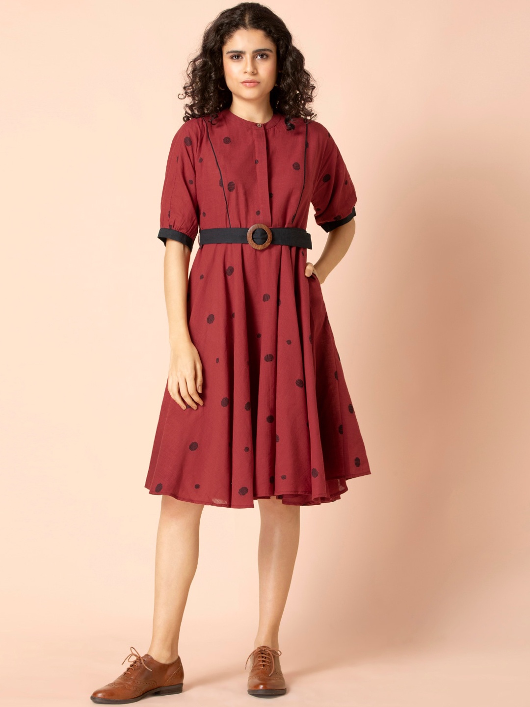 

Earthen BY INDYA Maroon Polka Belted Circular A-Line Dress