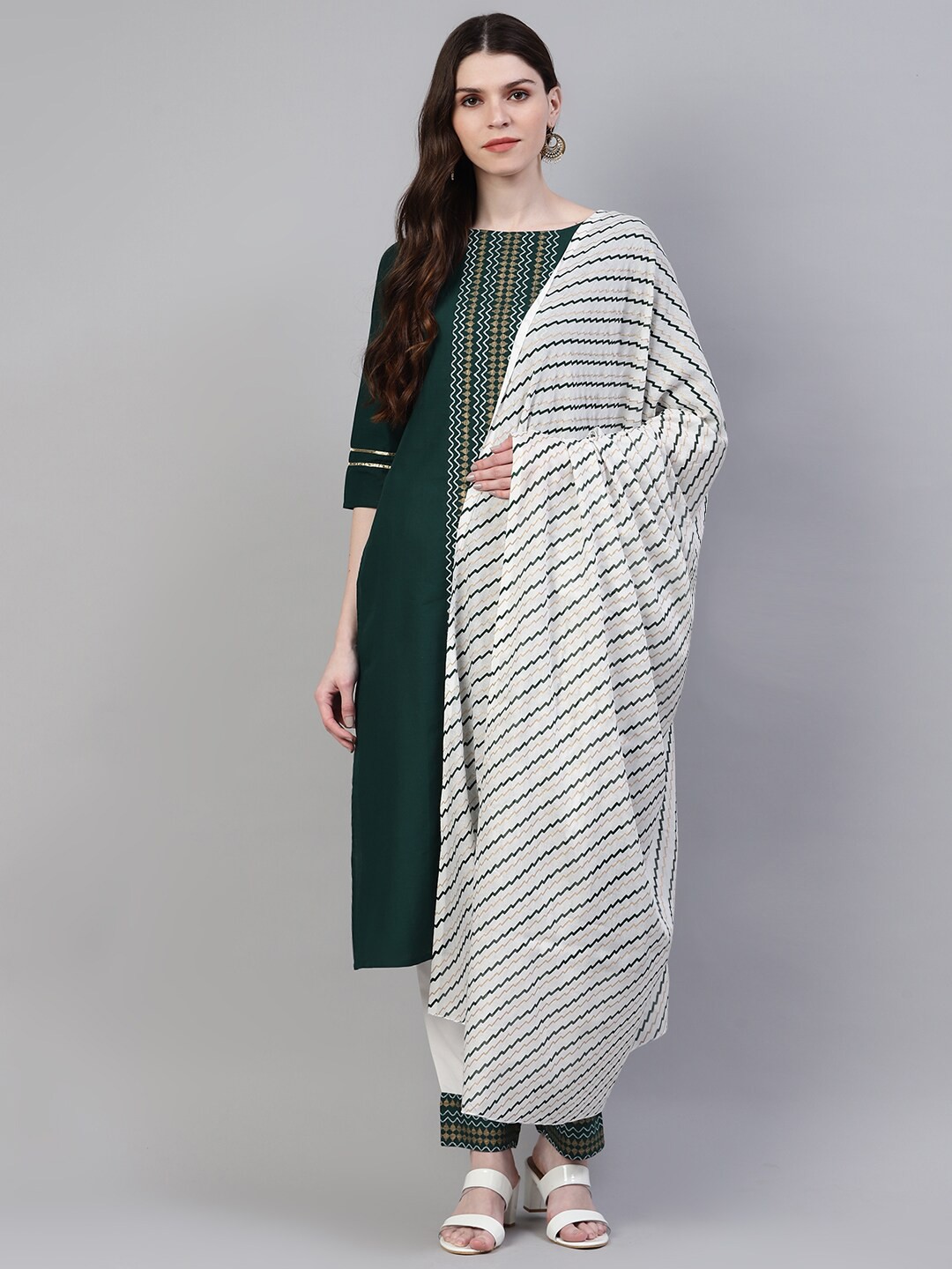 

Stylum Women Green Striped Pure Cotton Kurta with Trousers & With Dupatta