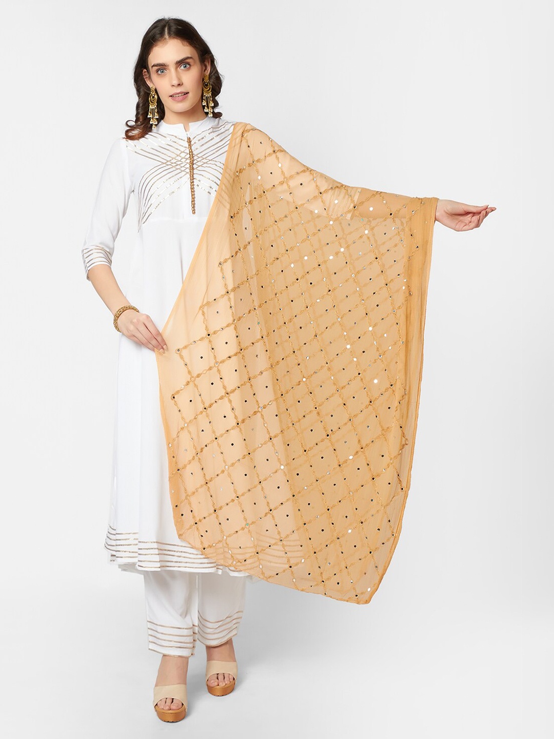 

Dupatta Bazaar Beige & White Ethnic Motifs Embroidered Dupatta with Mirror Work