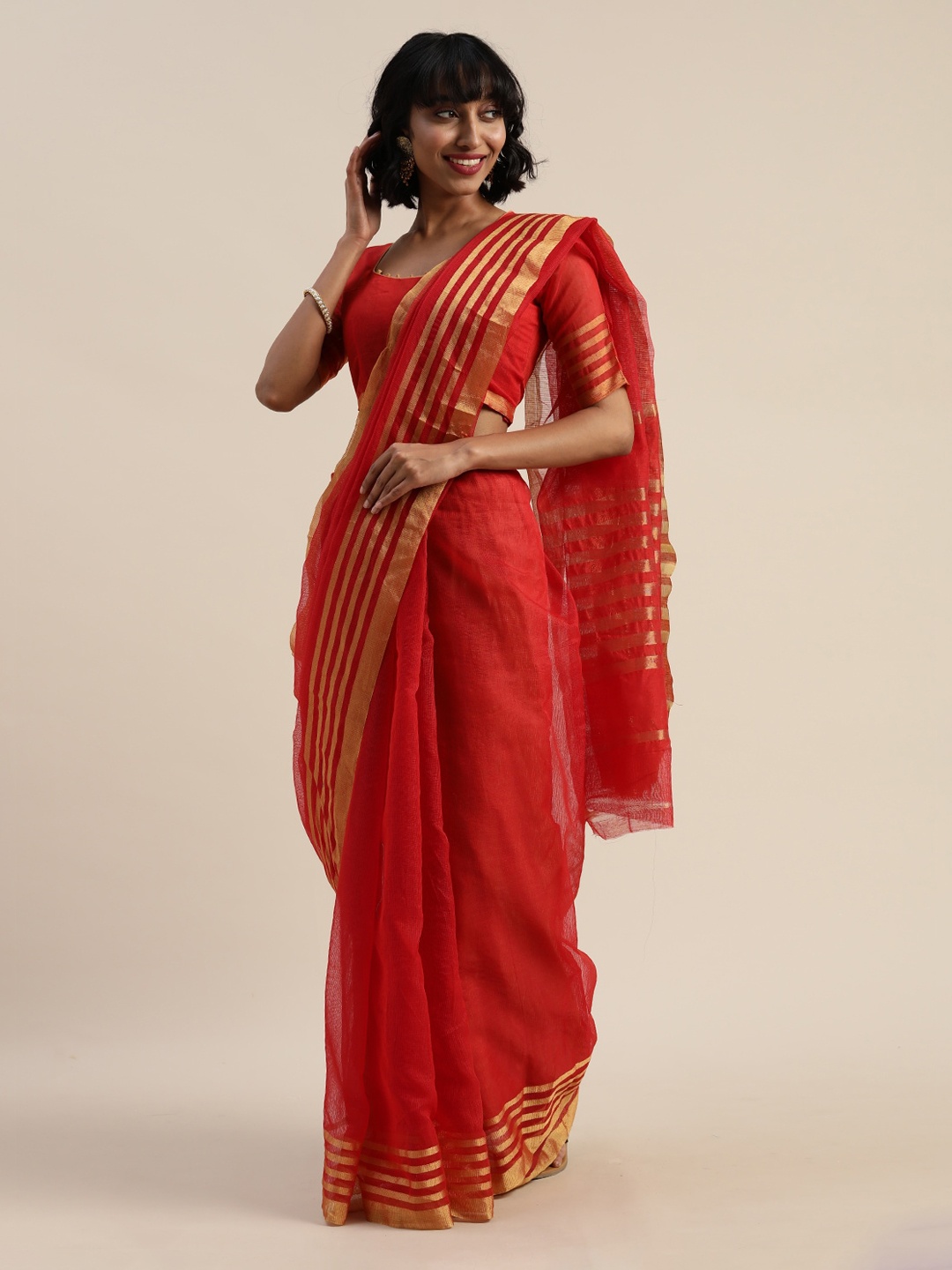 Florence Red Solid Zari Silk Cotton Saree