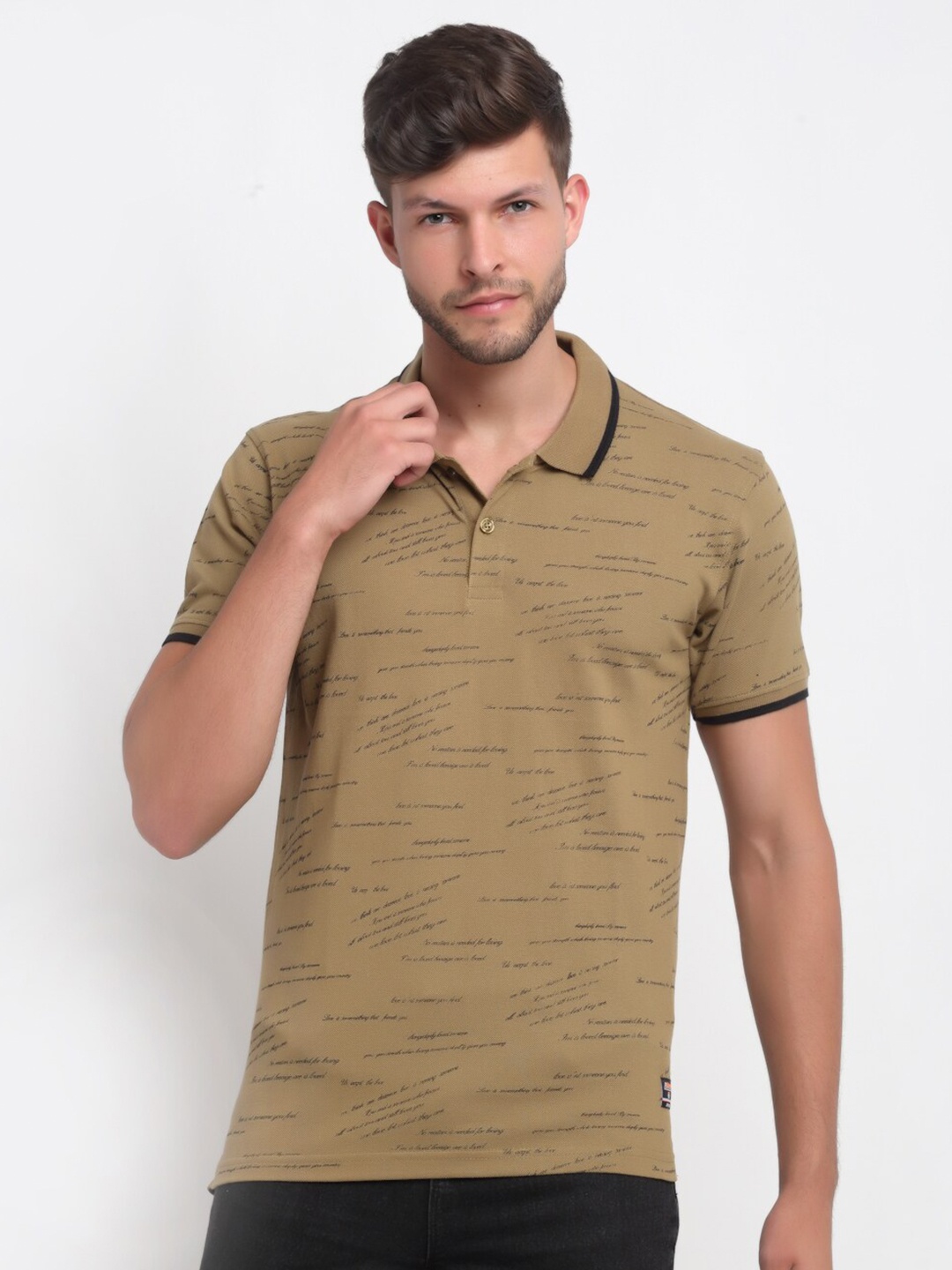 

Club York Men Olive Green & Black Typography Printed Polo Collar T-shirt