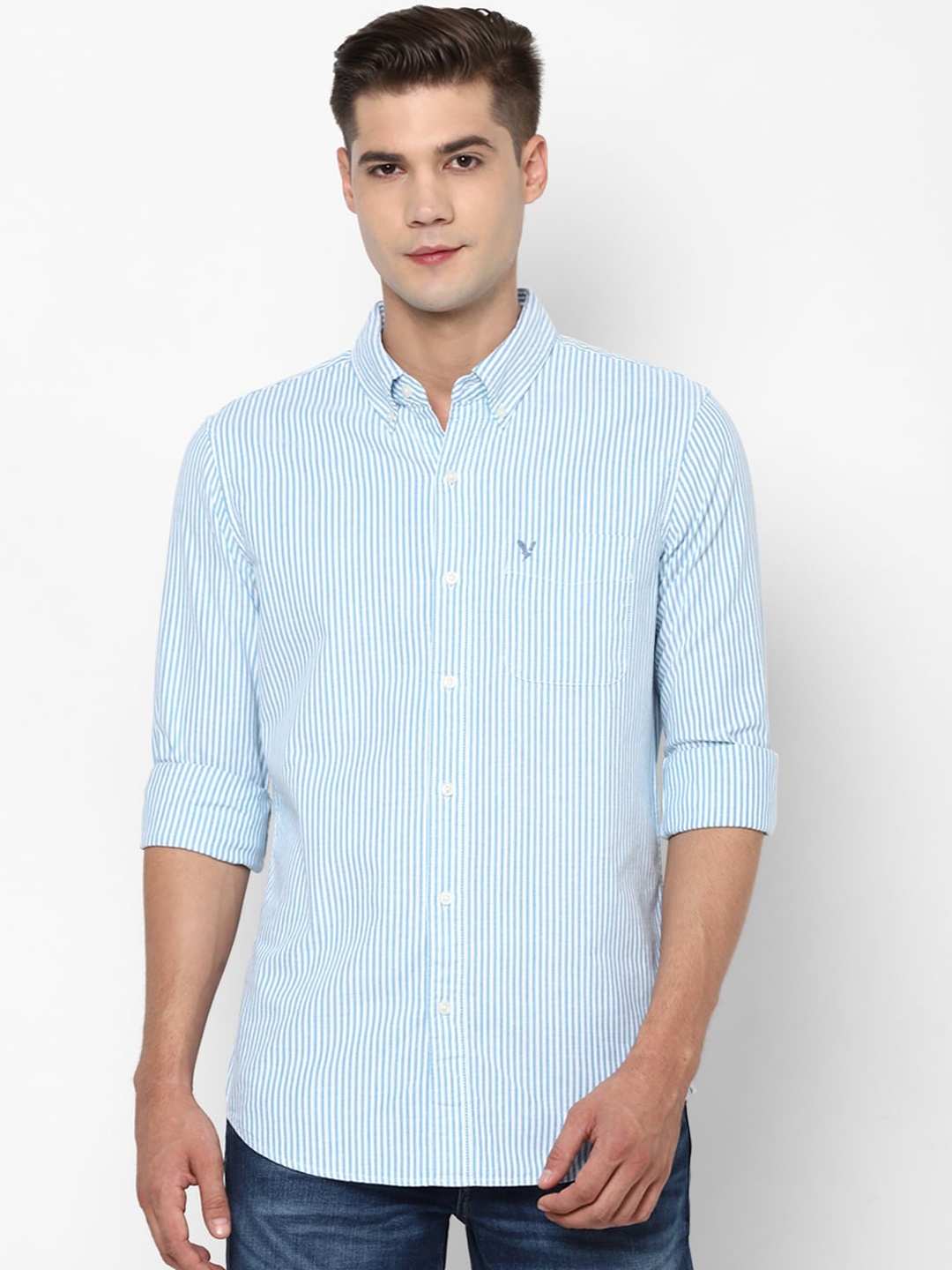 

AMERICAN EAGLE OUTFITTERS Men Blue Slim Fit Striped Cotton Casual Shirt