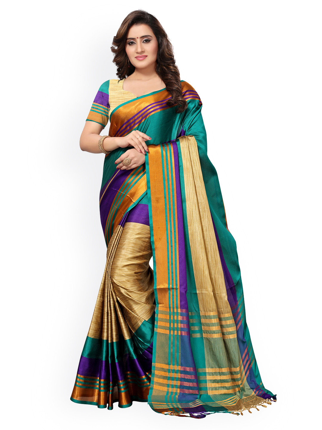 

KALINI Beige & Green Colourblocked Saree