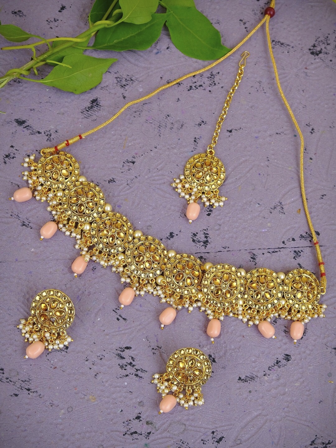 Crunchy Fashion Gold-Plated Beige & Peach-Coloured Stone-Studded & Pearl Beaded Antique Jewellery Set