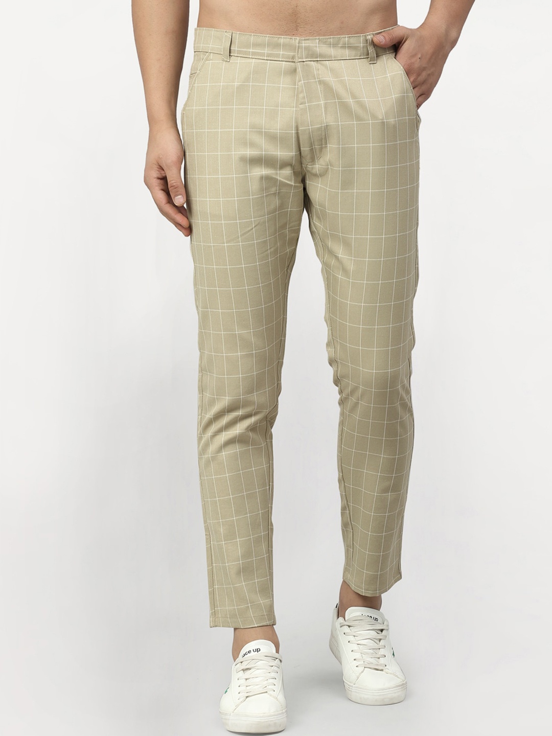 

JAINISH Men Beige Checked Tapered Fit Chinos Trousers