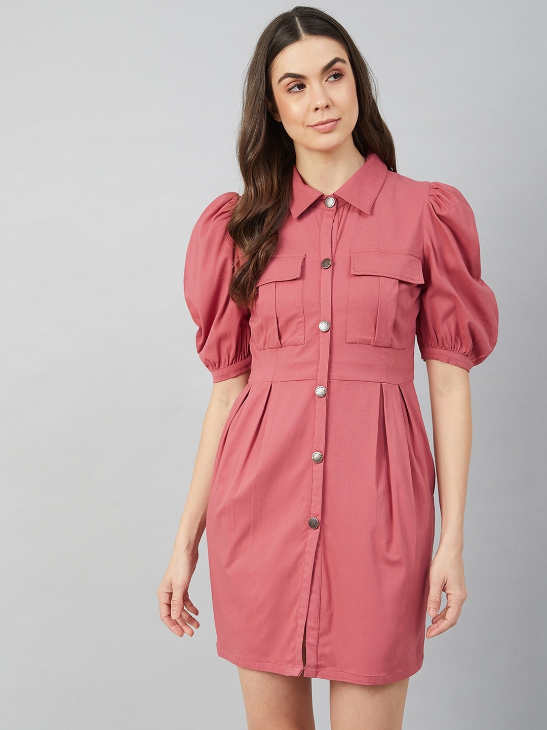 

Athena Women Pink Solid Puff Sleeves Shirt Dress with Pockets Detail