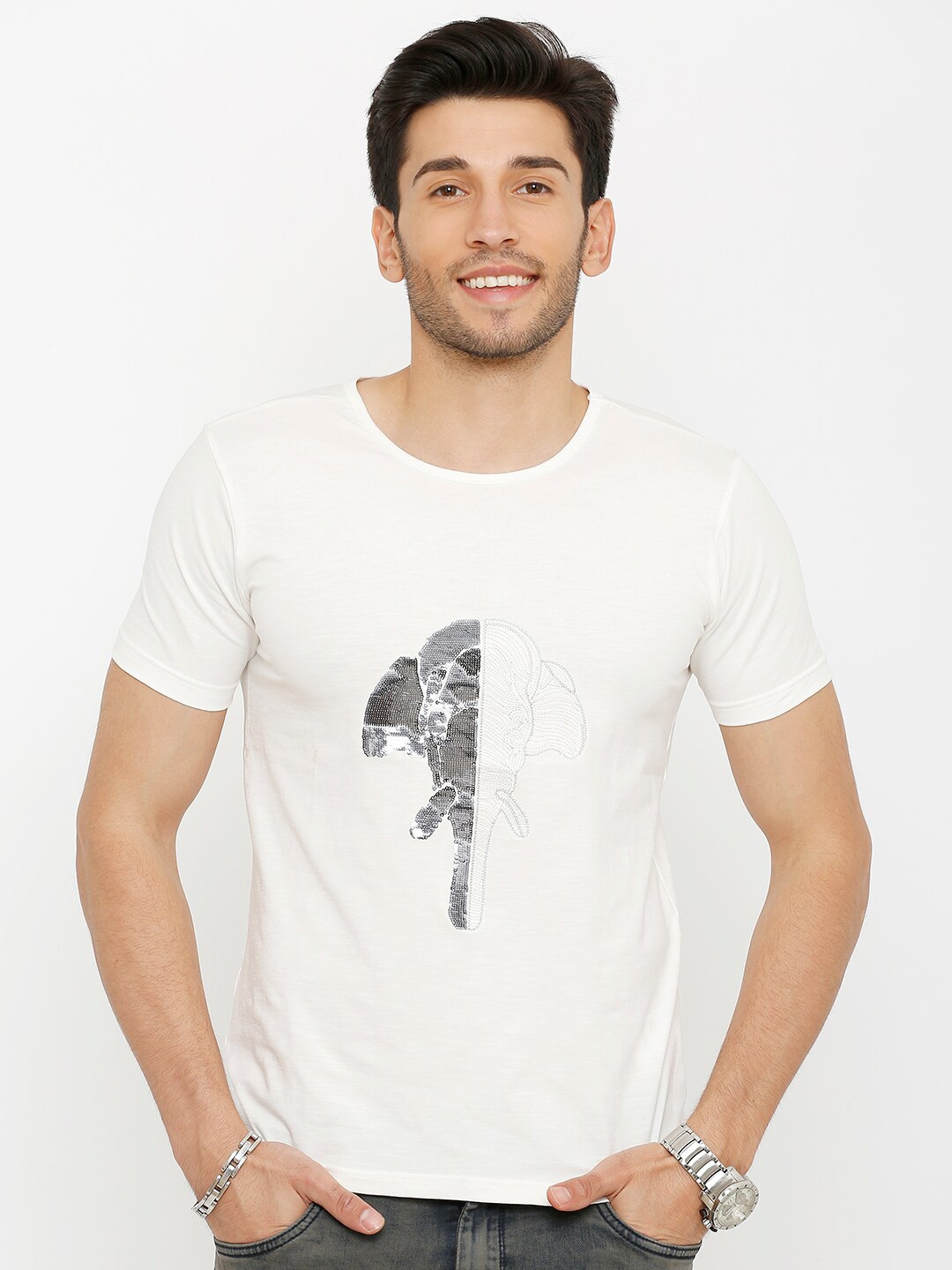 

Rex Straut Jeans Men White Printed Slim Fit Cotton T-shirt