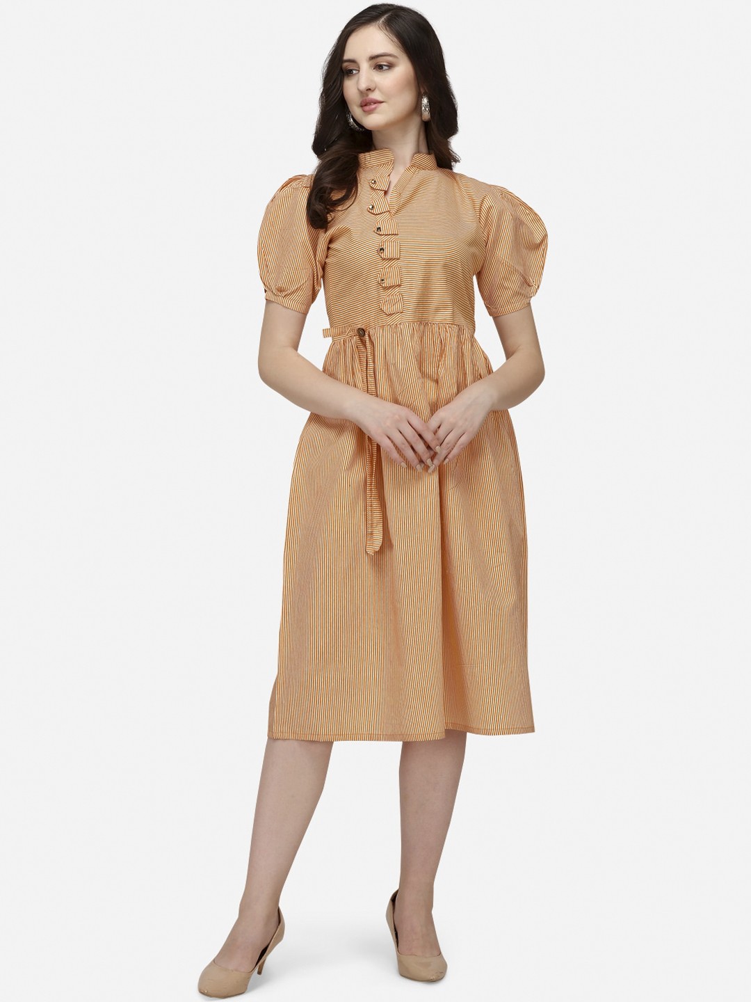 

Youthnic Orange Striped A-Line Midi Dress