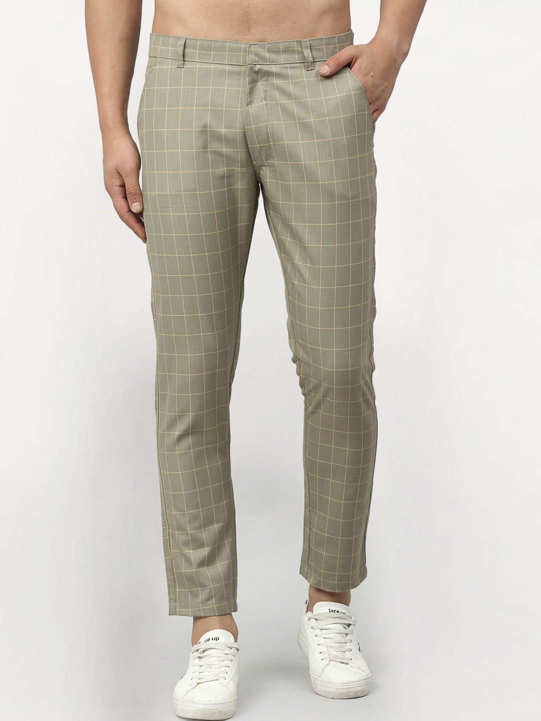 

JAINISH Men Sea Green Checked Tapered Fit Regular Trousers