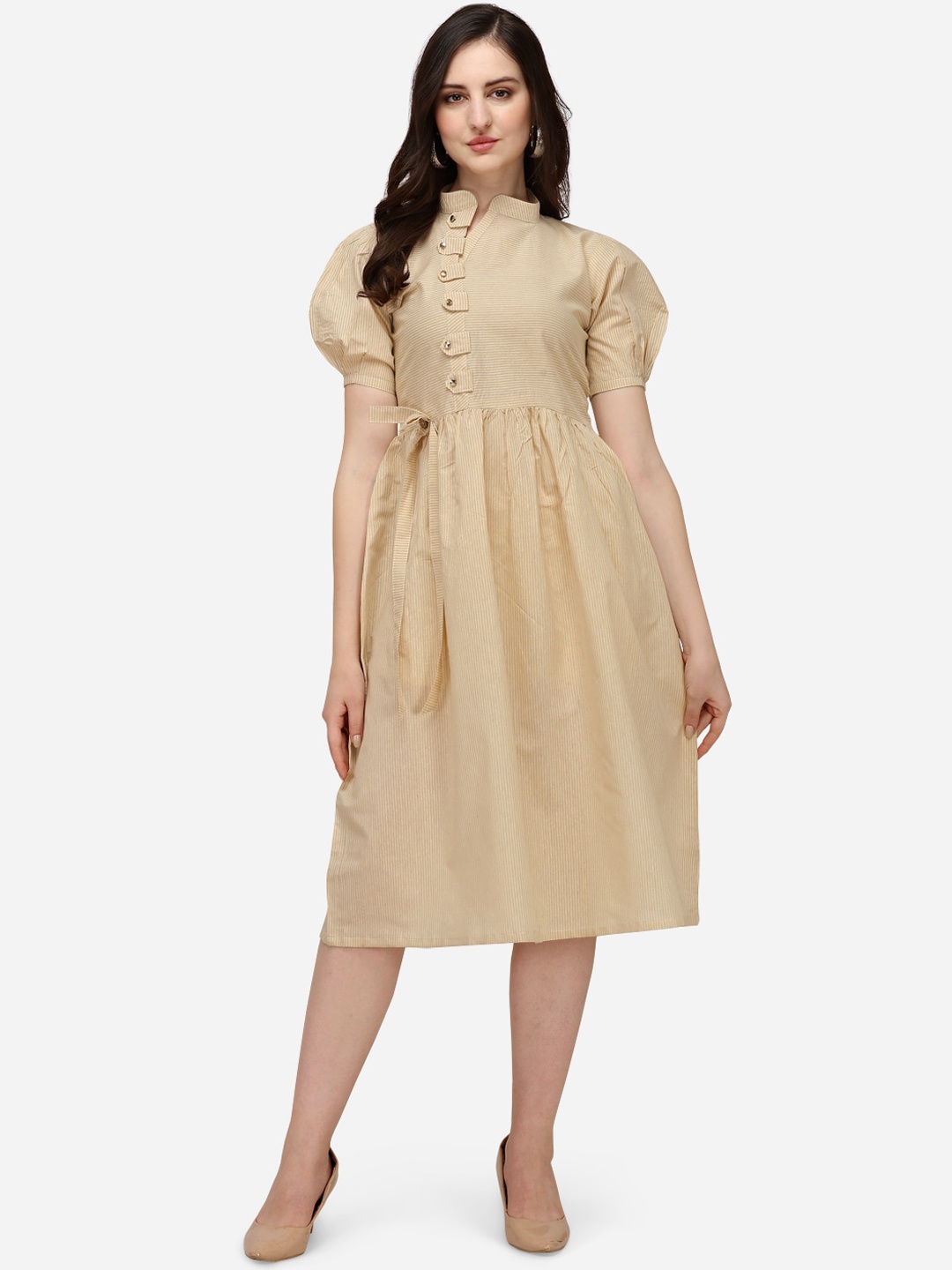

Youthnic Beige Striped Fit and Flare Dress