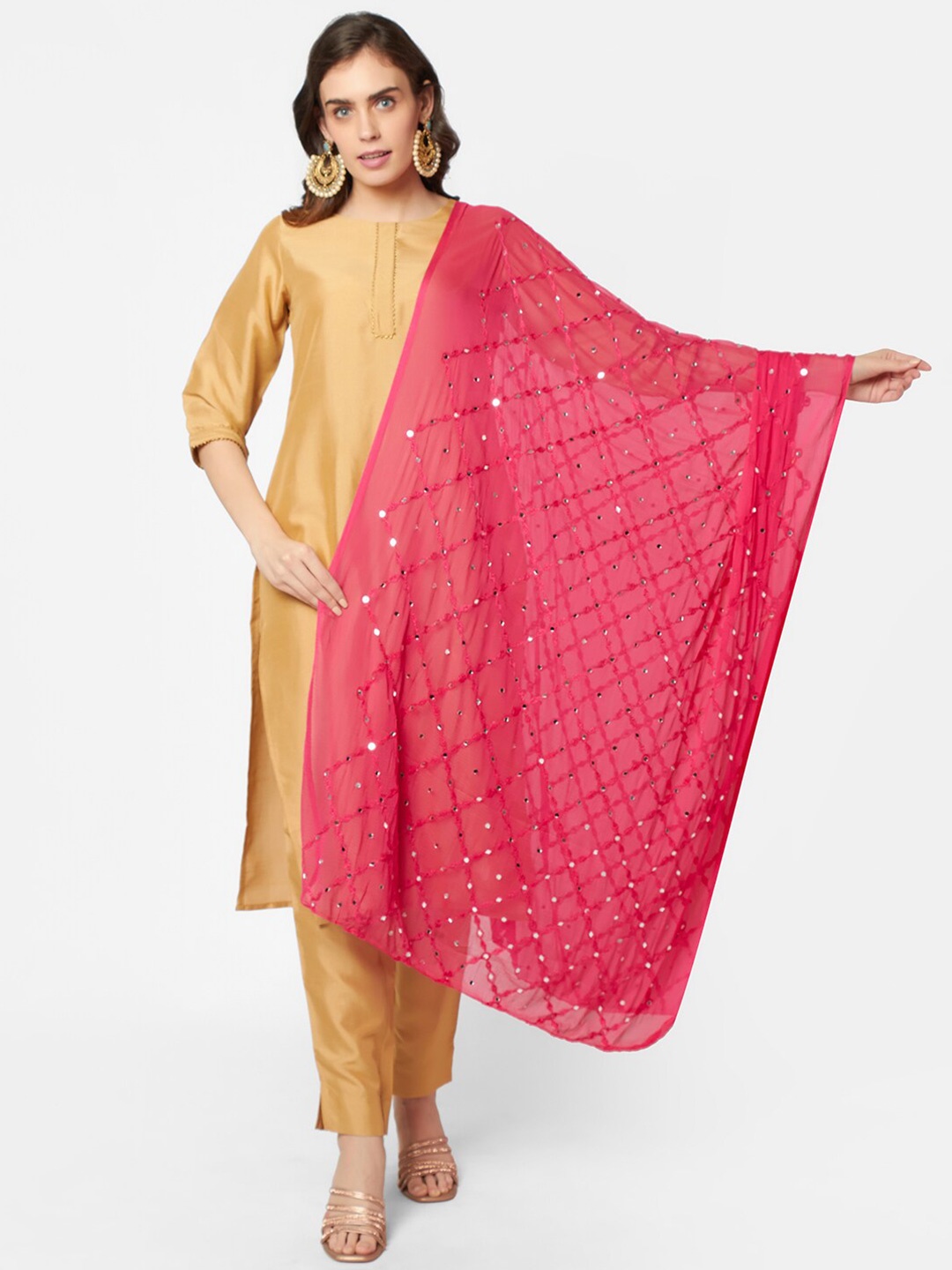 

Dupatta Bazaar Pink Ethnic Motifs Embroidered Dupatta with Mirror Work