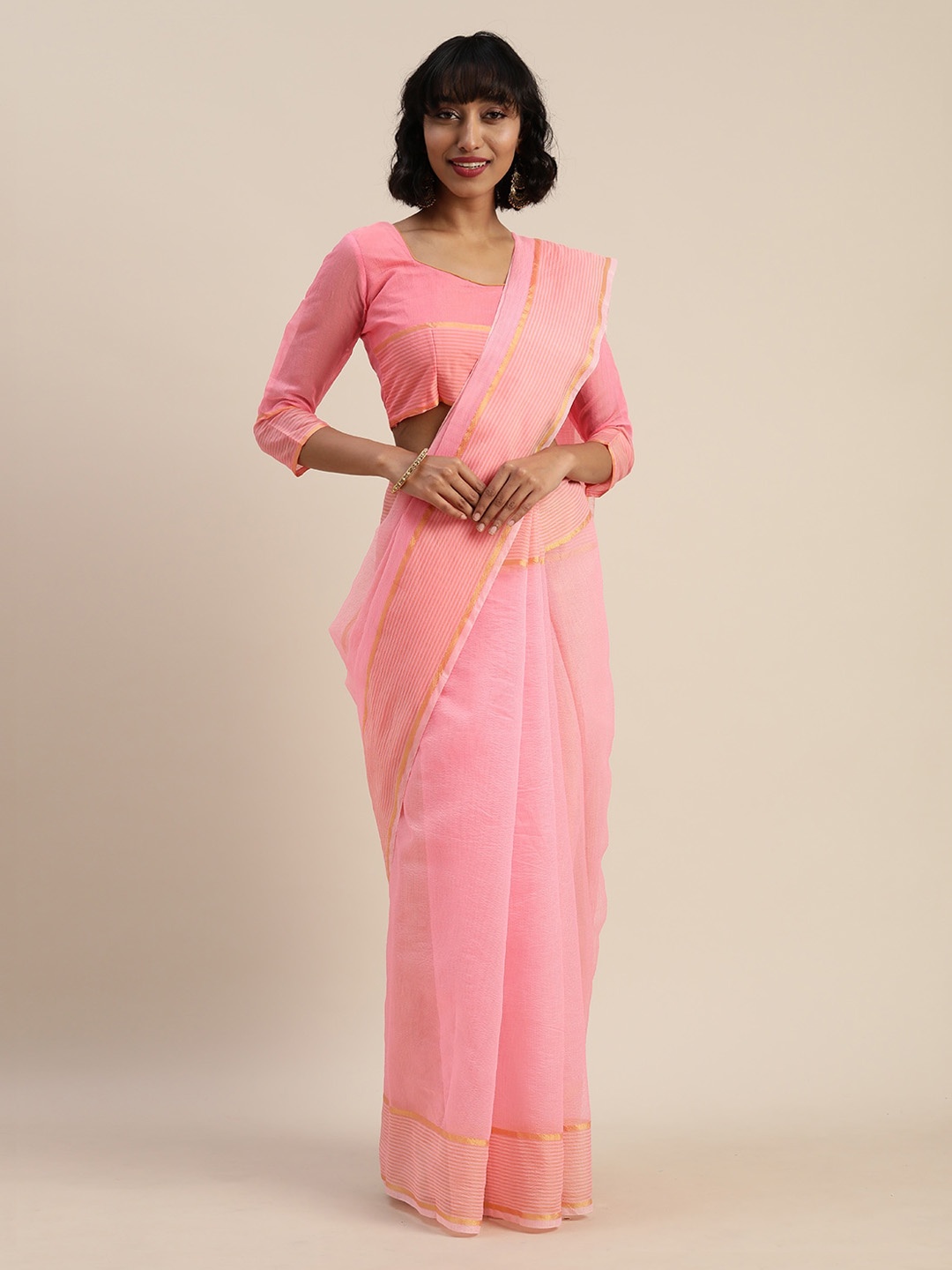 

Florence Pink & Gold-Toned Zari Silk Cotton Saree