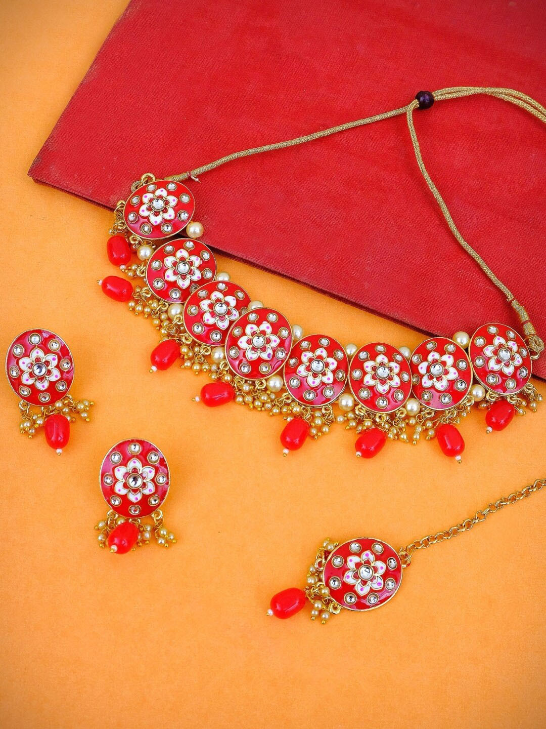 

Crunchy Fashion White & Red Stone-Studded Indian Royal Traditional Kundan Jewellery Set, Gold
