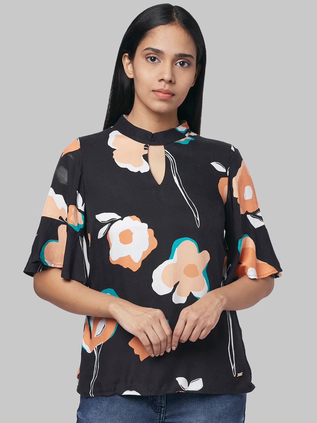 

Park Avenue Woman Black & Orange Floral A-Line Top