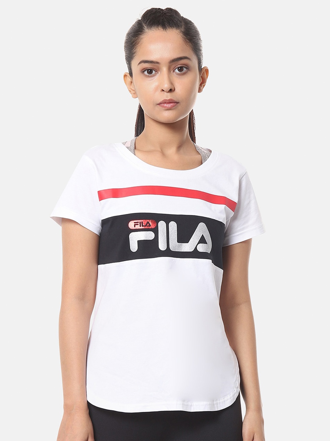

FILA Women White Brand Logo Printed Cotton T-shirt