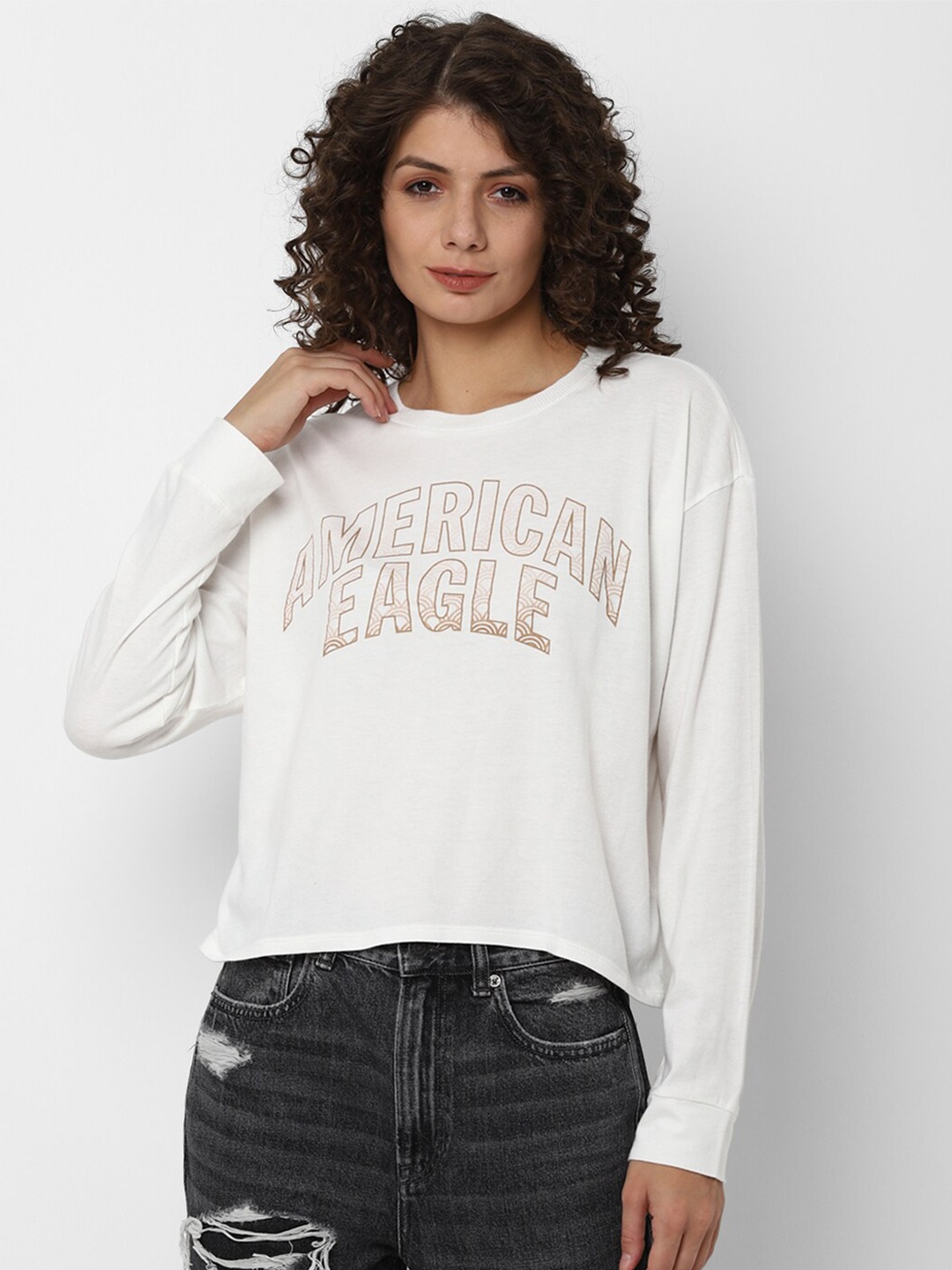 

AMERICAN EAGLE OUTFITTERS Women White Brand Logo Printed Extended Sleeves Cotton Pure Cotton T-shirt