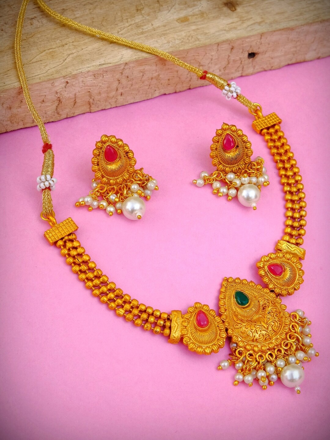 Crunchy Fashion Gold-Plated Pink & Green Stone-Studded & Beaded Antique Jewellery Set