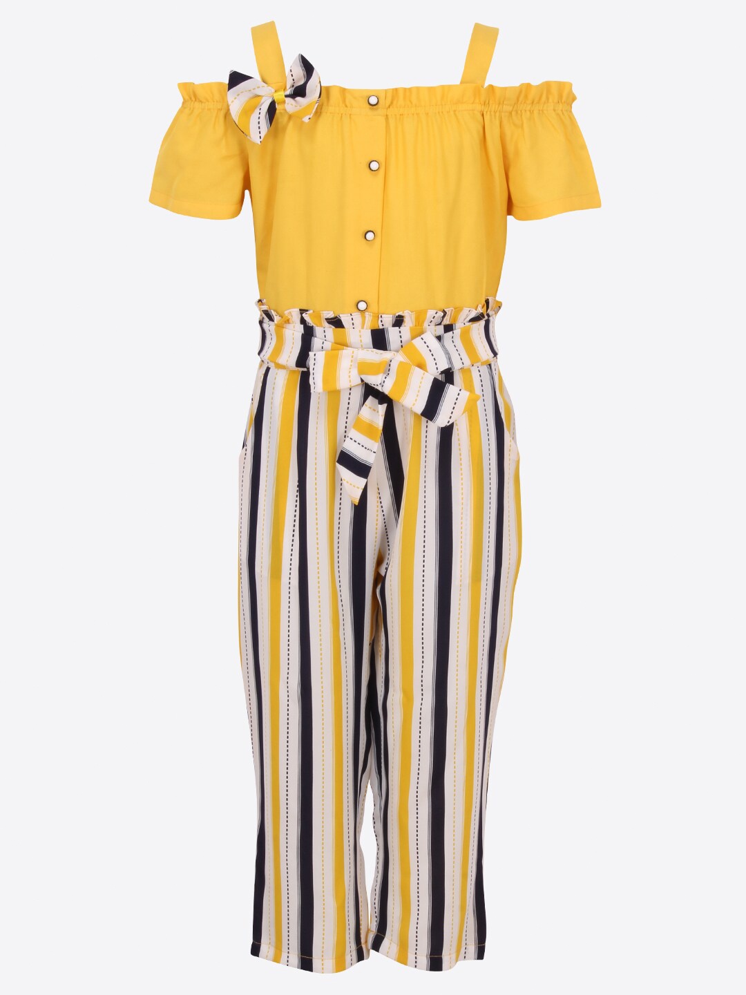 

CUTECUMBER Girls Yellow & White Striped Culotte Jumpsuit