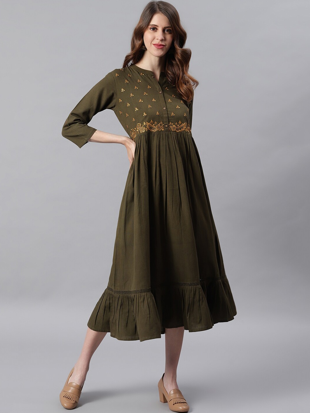 Janasya Olive Ethnic Motifs Embroidered A-Line Midi Dress