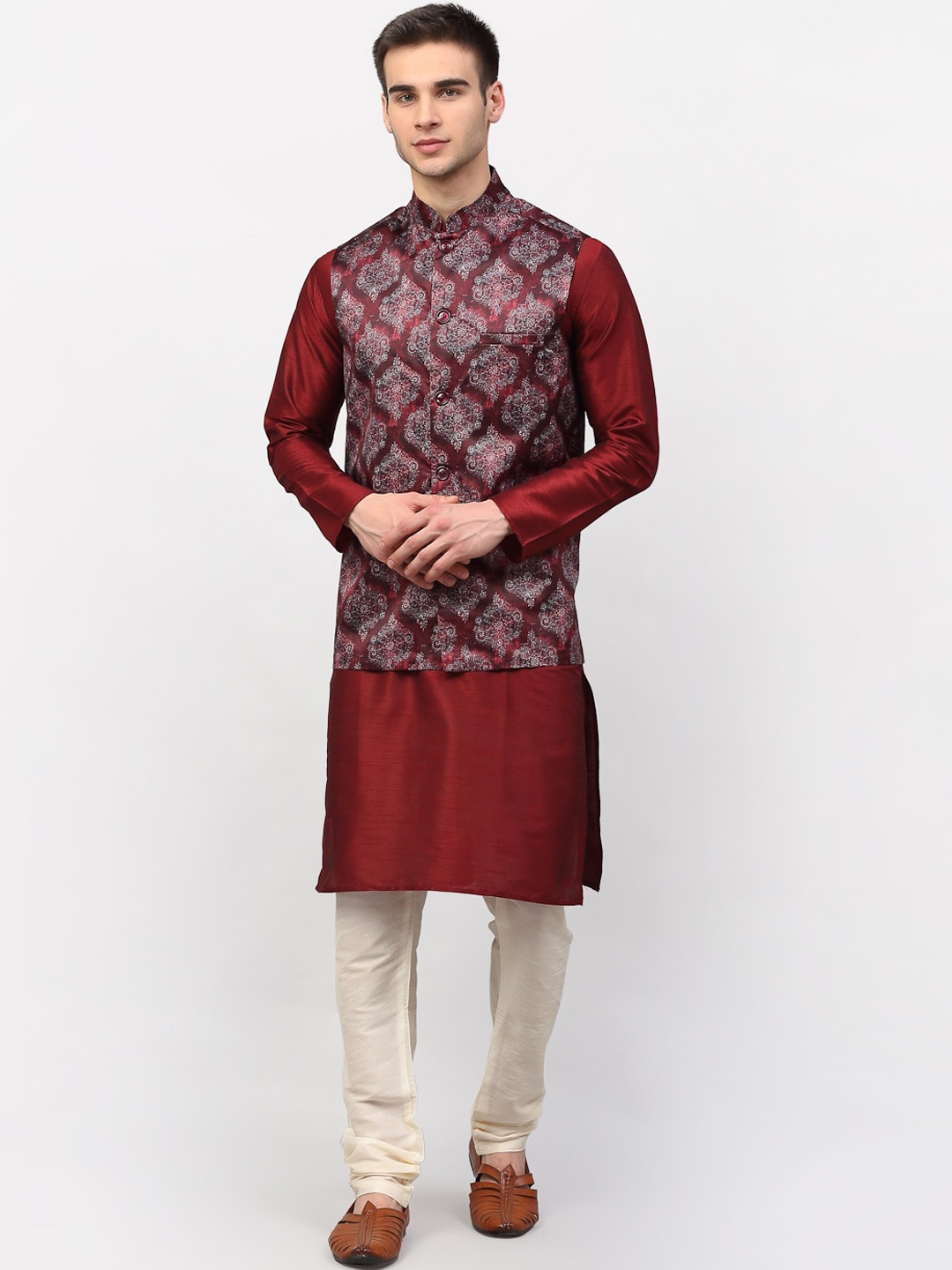 

Jompers Men Maroon Ethnic Motifs Dupion Silk Kurta with Pyjamas & Nehru Jacket