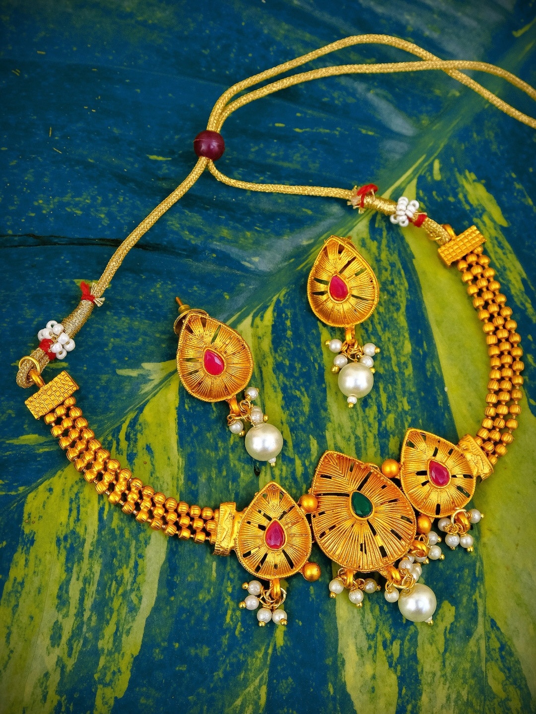 Crunchy Fashion Gold-Plated White & Green Stone-Studded Jewellery Set