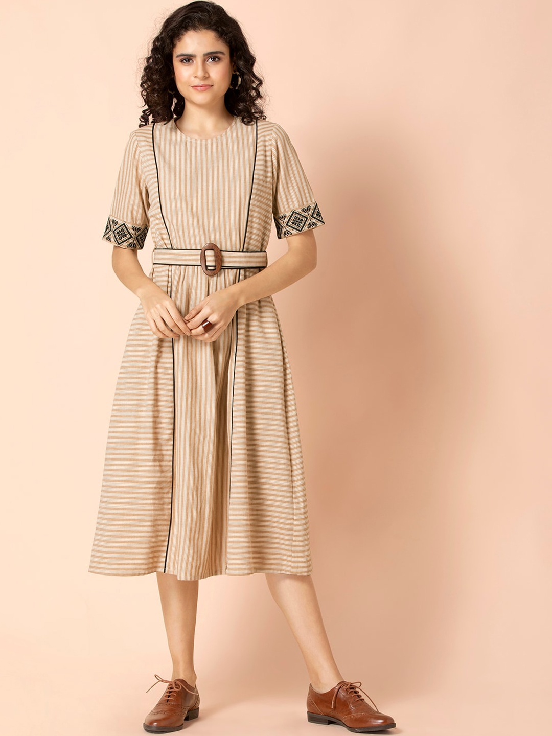Earthen BY INDYA Beige Striped Belted Embroidered A-Line Dress